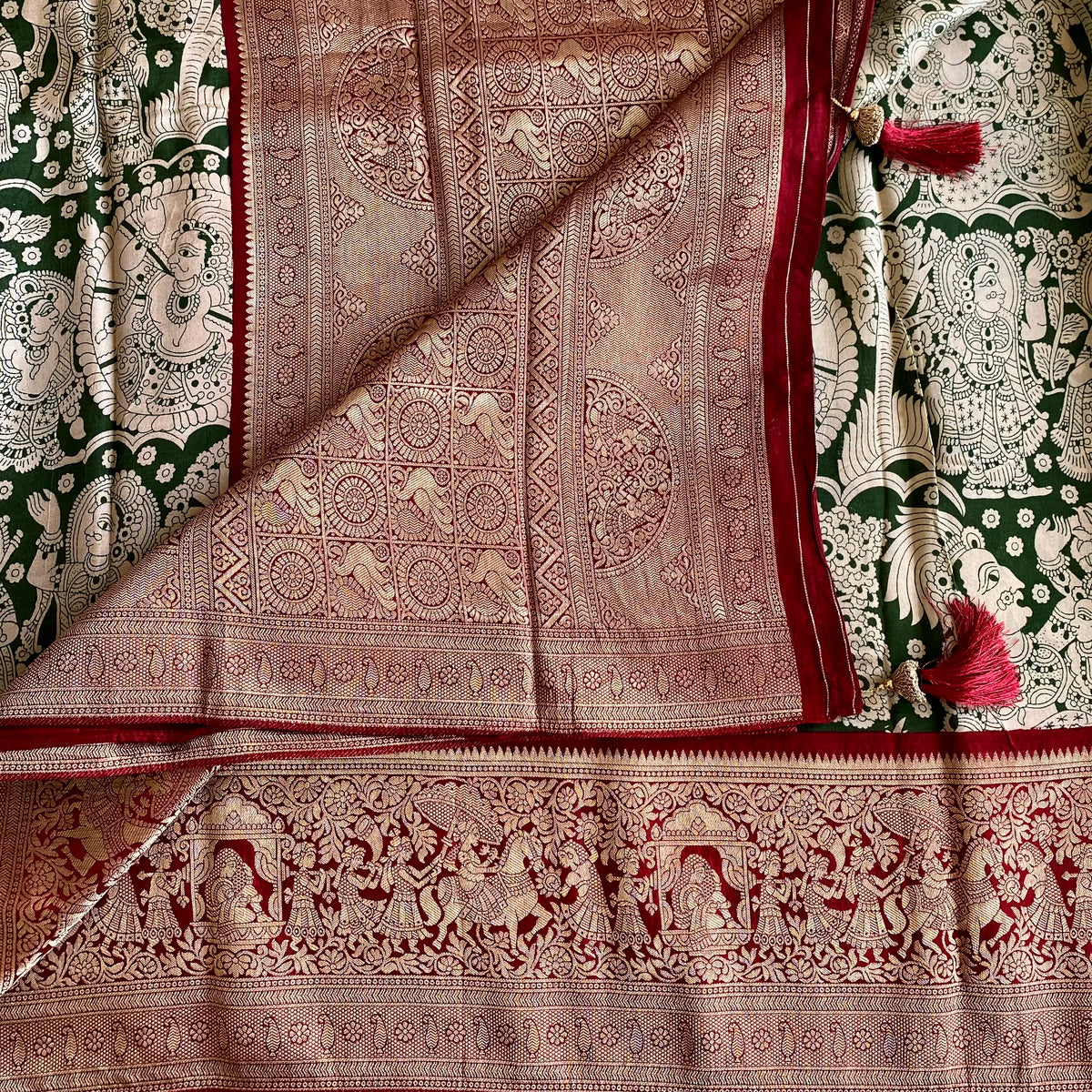 Forest Green Soft Kalamkari Tussar Silk Saree With Maroon Red Pallu