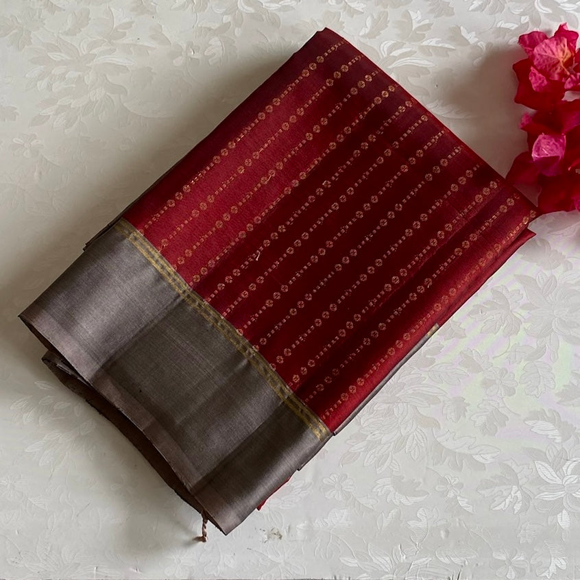 Deep Maroon Designer Pure Silk With Smokey Taupe Pallu