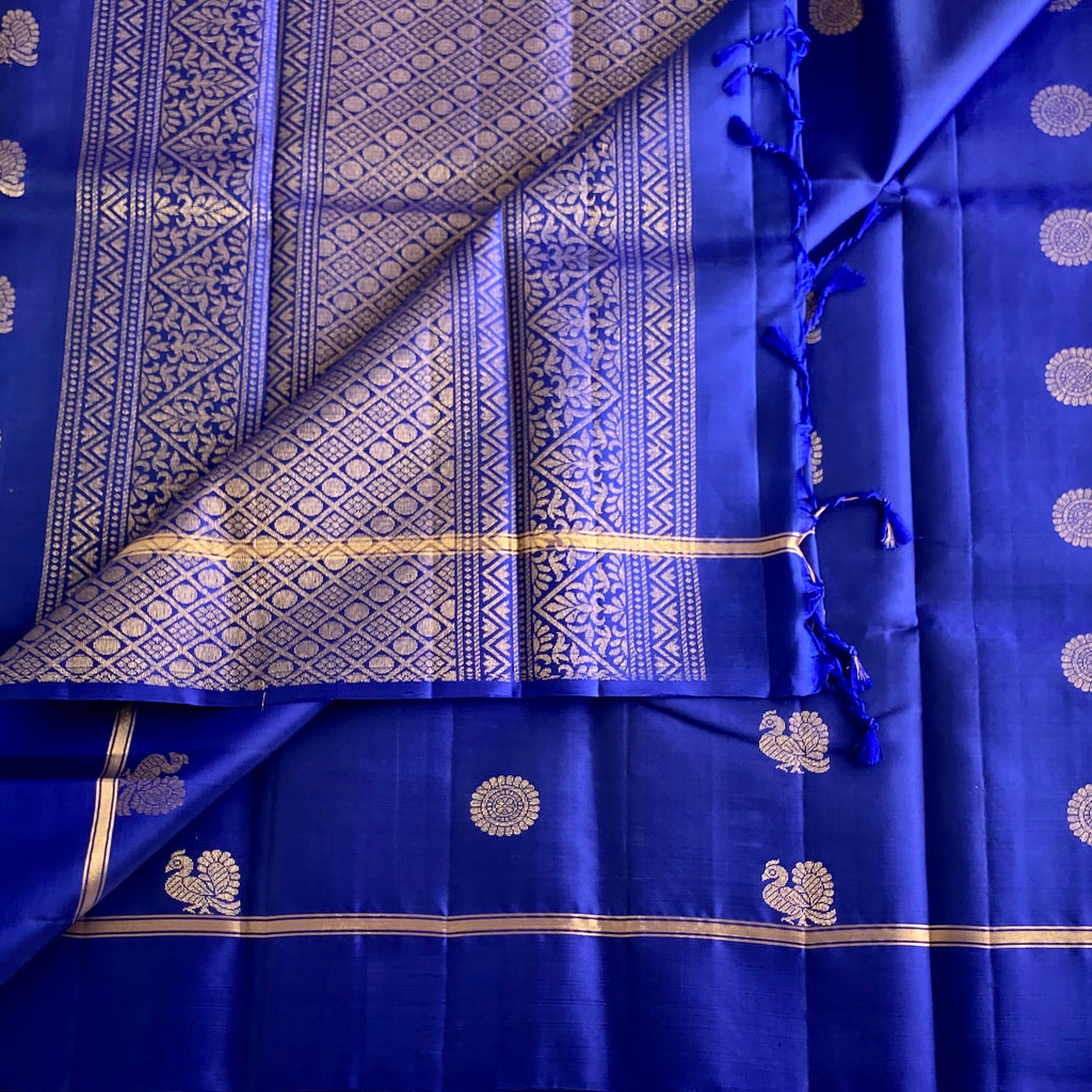 Royal Blue Designer Pure Silk Saree With Metallic Gold Zari Lattice