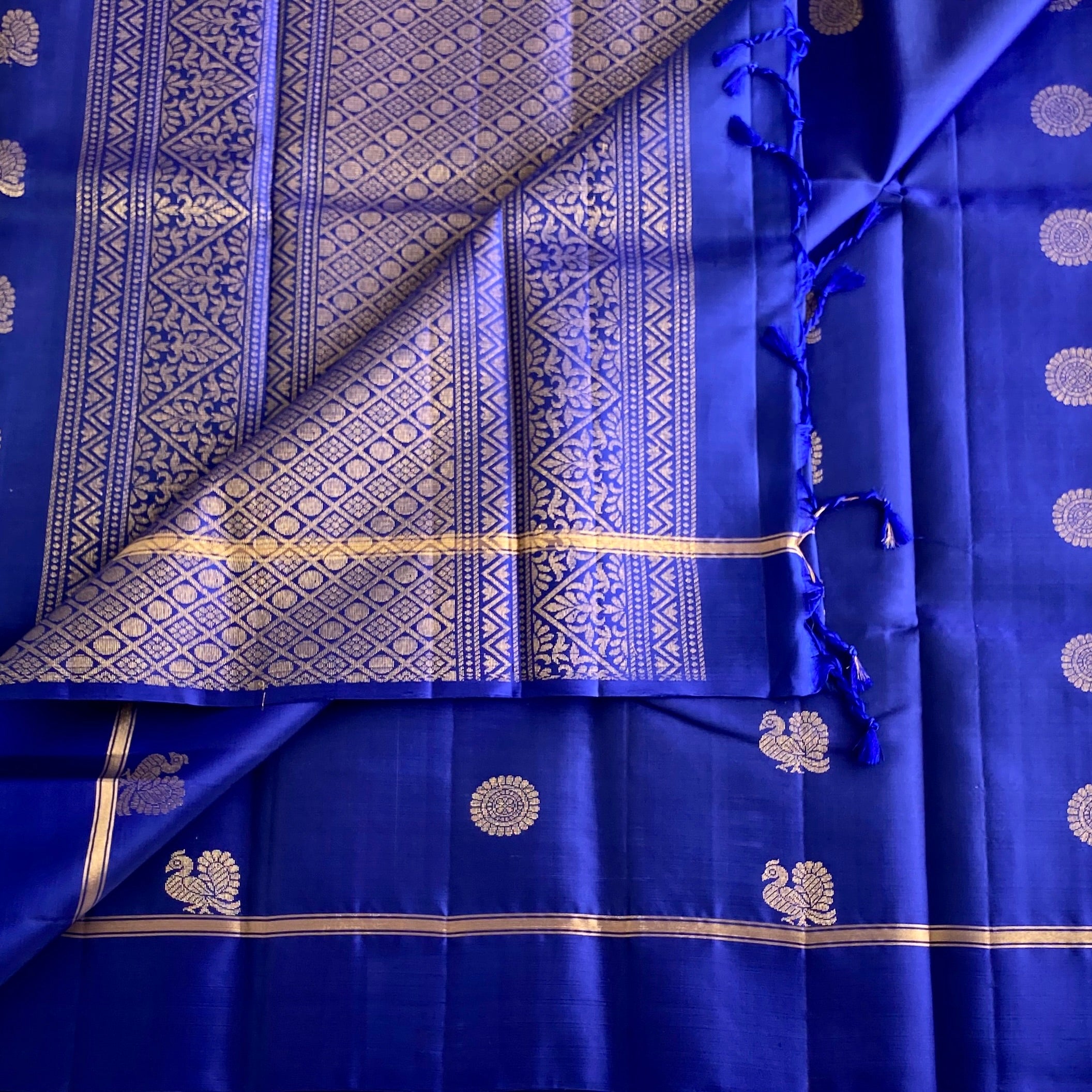 Royal Blue Designer Pure Silk Saree With Metallic Gold Zari Lattice