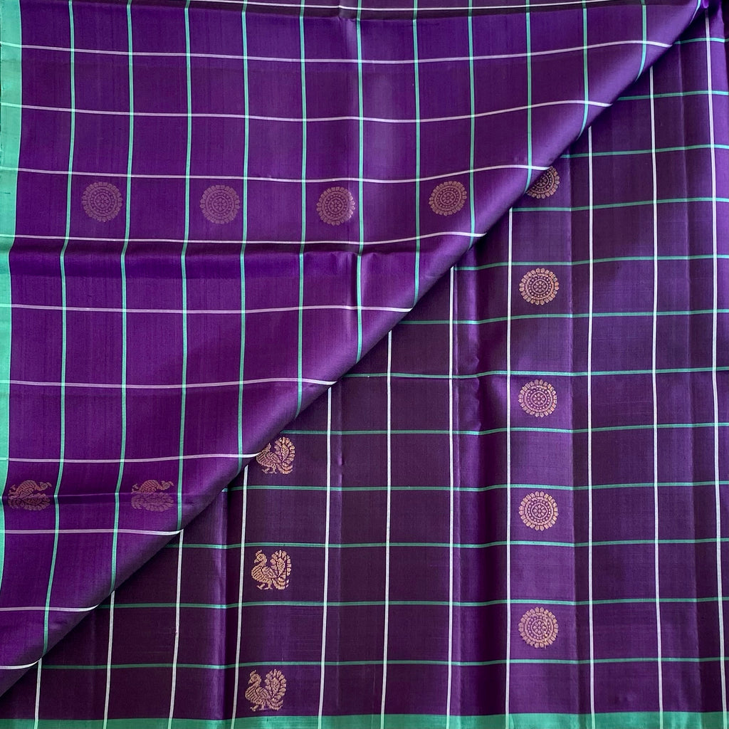 Brinjal Purple Designer Checkered Pure Silk With Mint Green Pallu