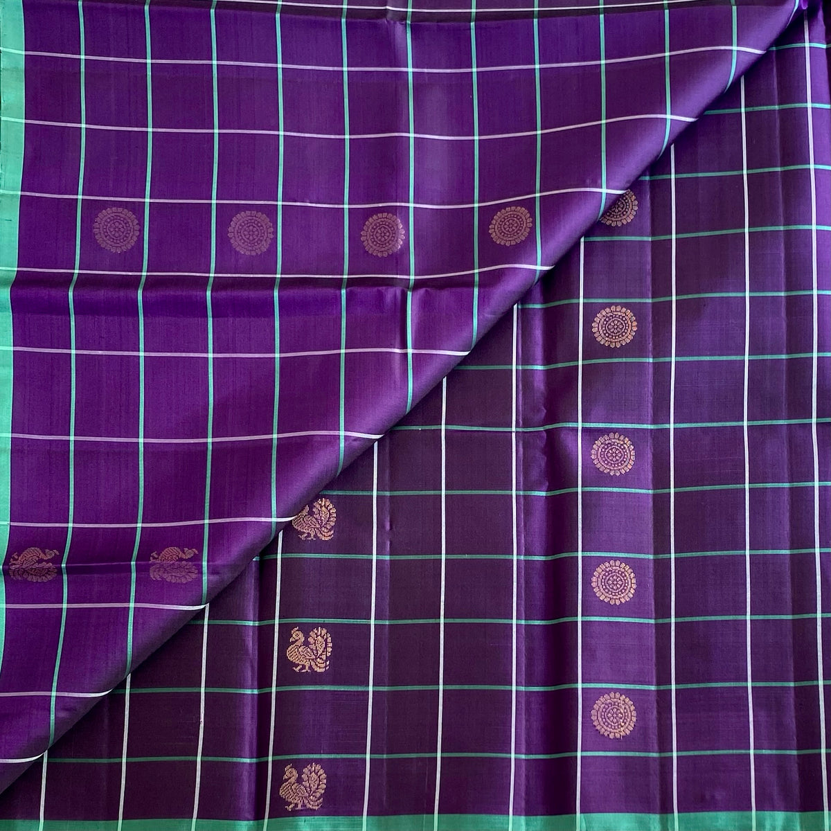 Brinjal Purple Designer Checkered Pure Silk With Mint Green Pallu