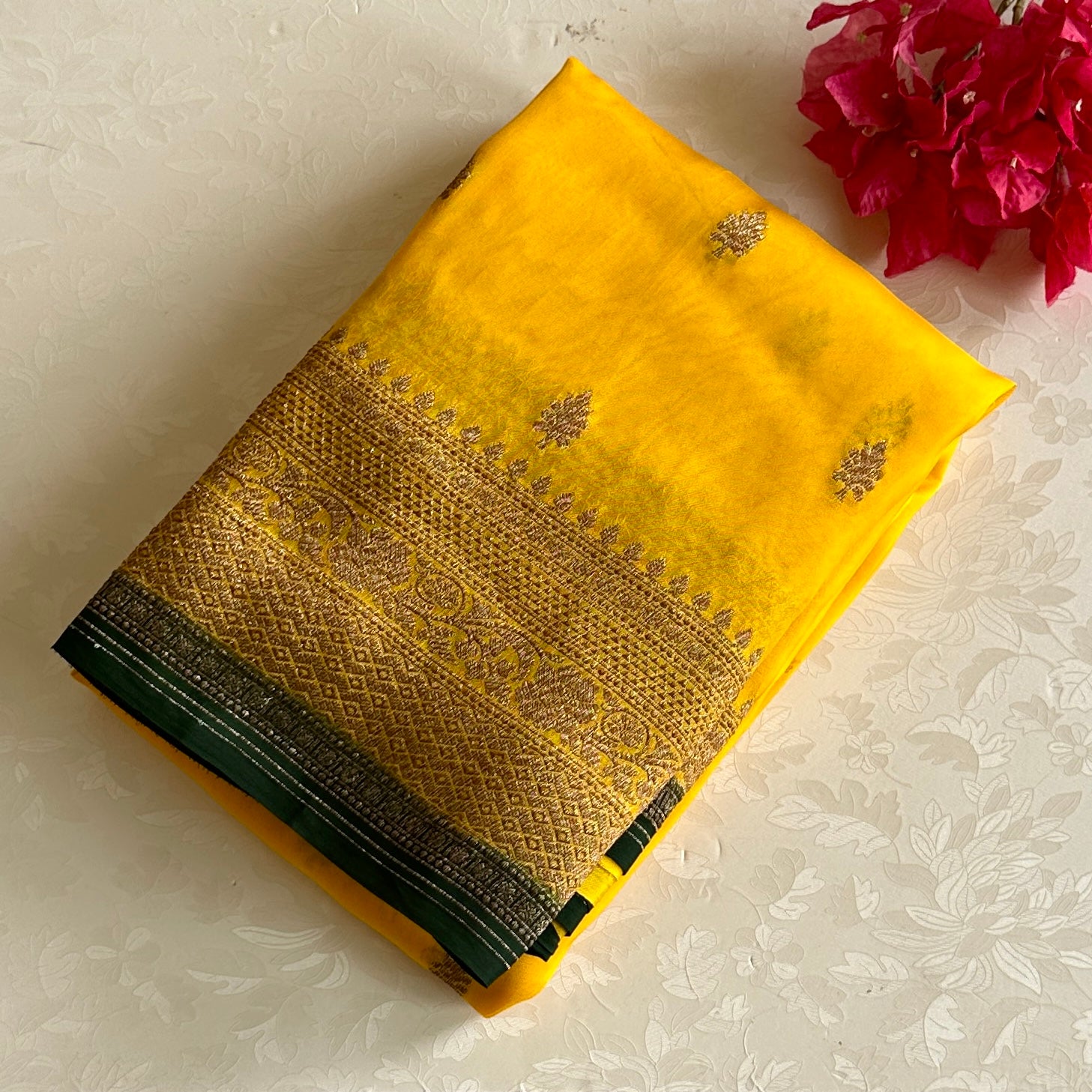 Golden Yellow Banarasi Organza Silk With Bottle Green Pallu & Antique Zari Weave