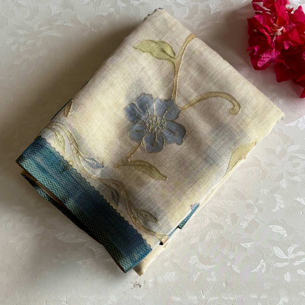 Pearl Beige & Blue Soft Tissue Linen With Designer Weave