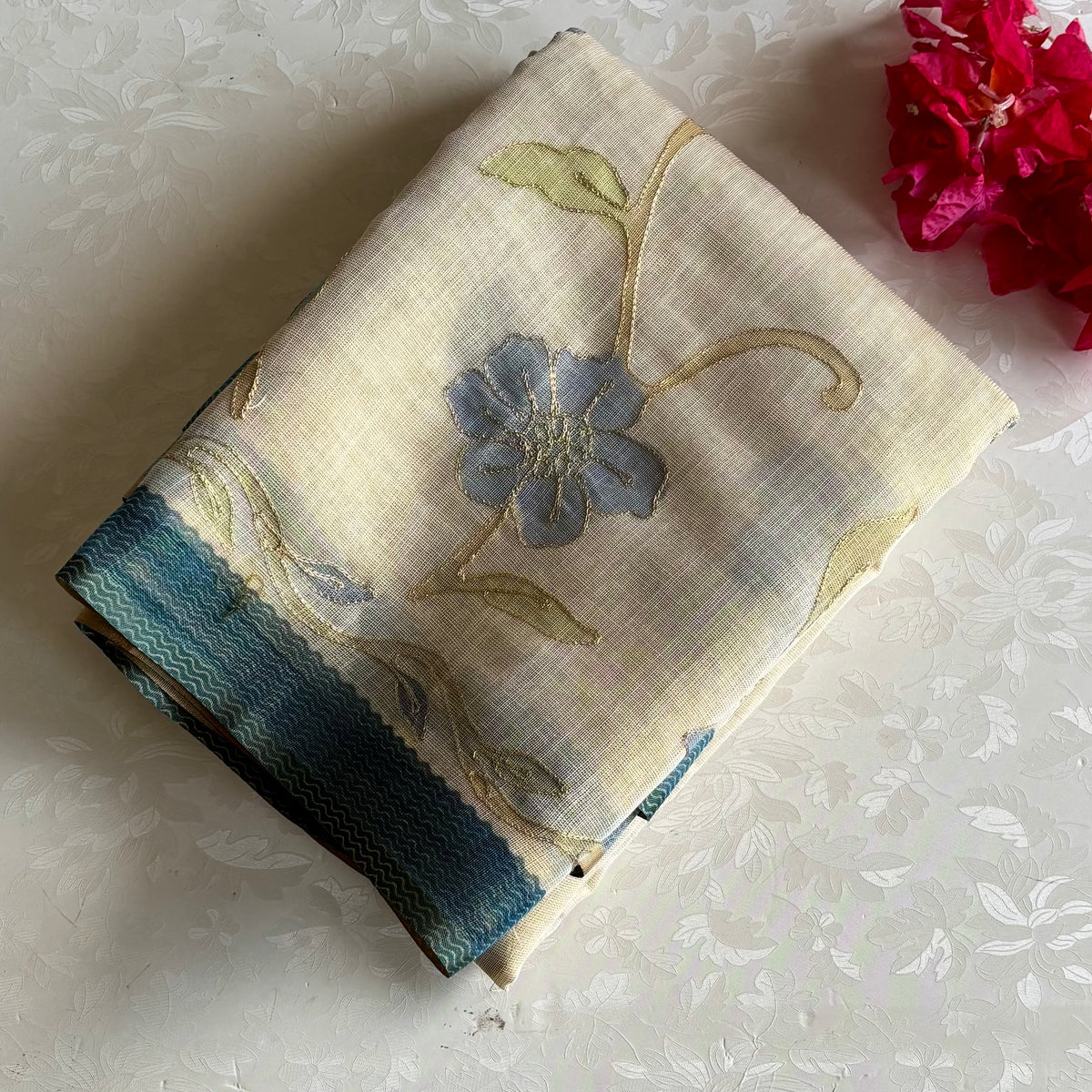Pearl Beige & Blue Soft Tissue Linen With Designer Weave