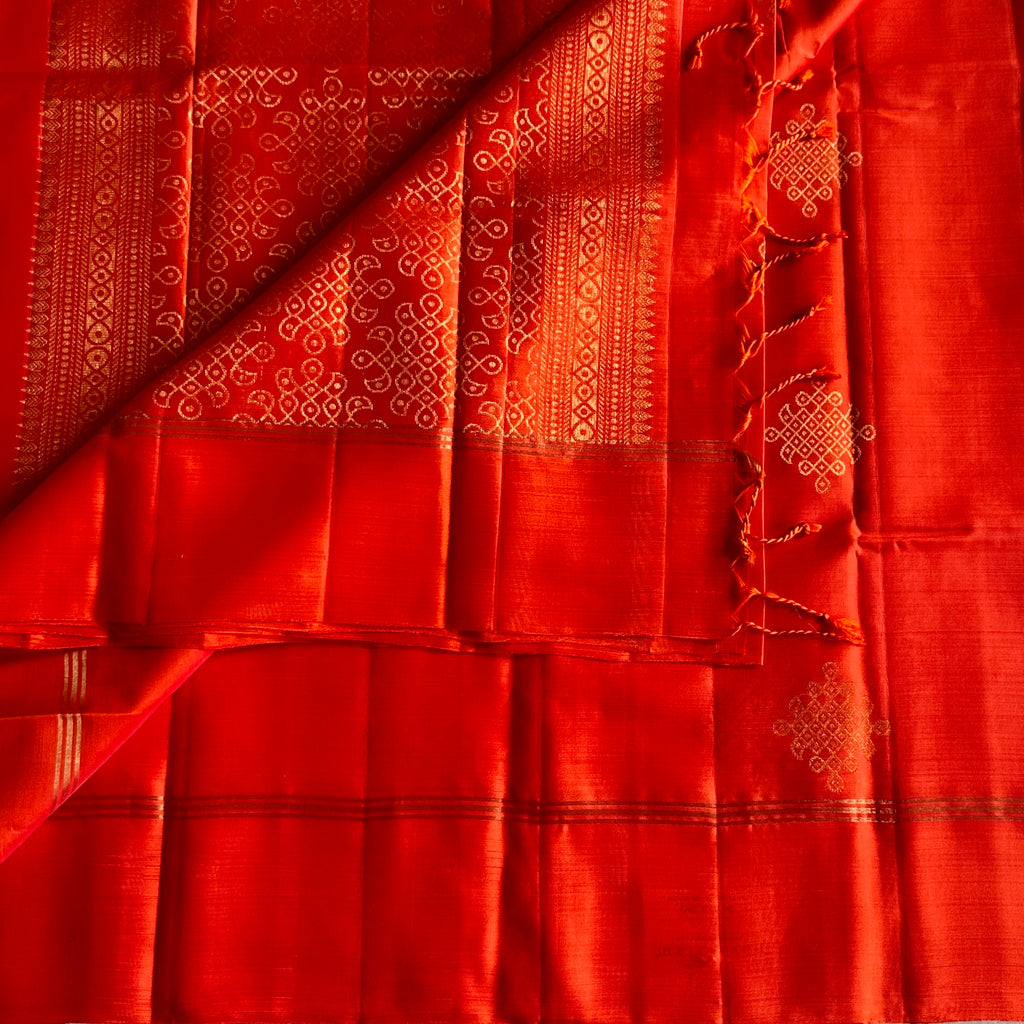 Kanakambari Orange Designer Pure Silk Saree With Metallic Gold Kollam Zari