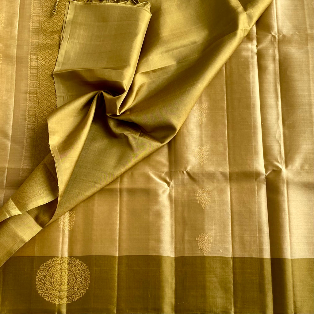 Metallic Beige/Gold Designer Pure Silk Saree With Olive Green Contrast