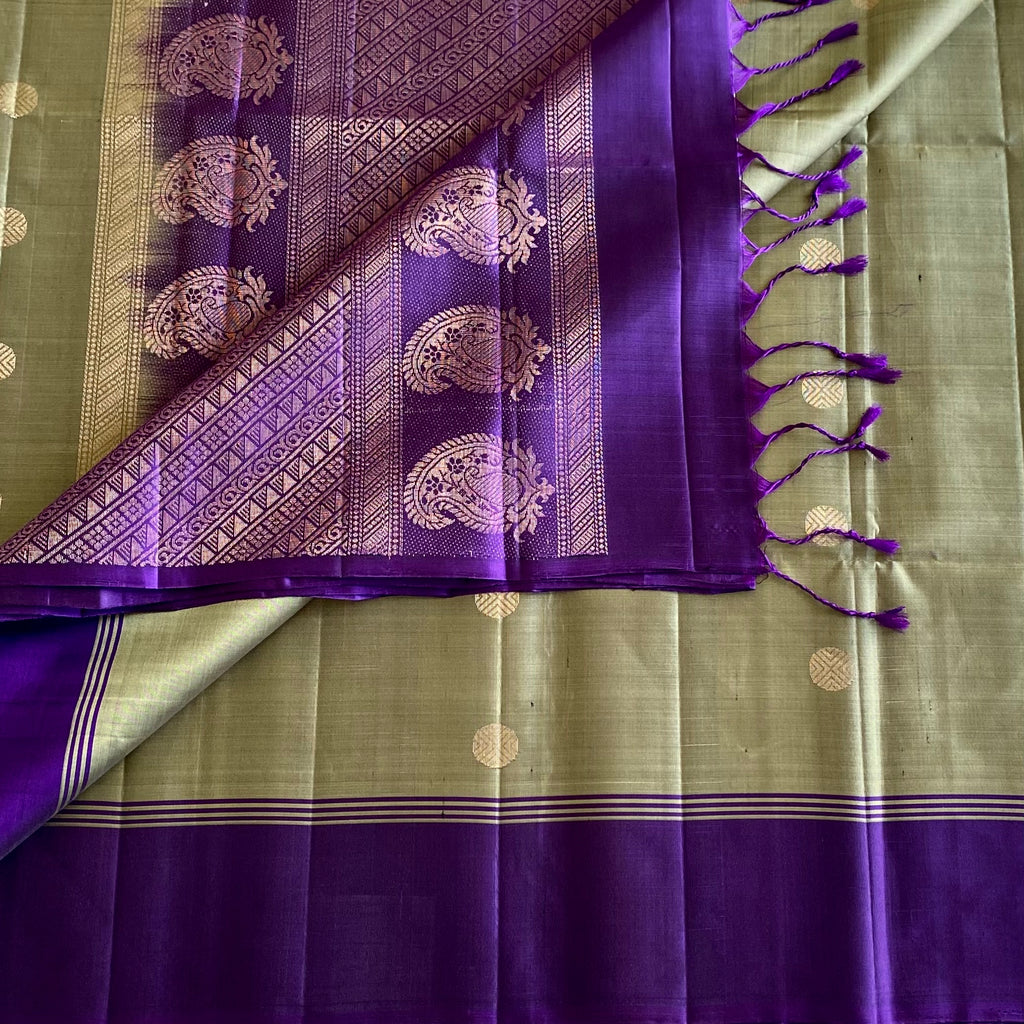 Dreamt Olive Green Designer Pure Silk Saree With Royal Purple Border