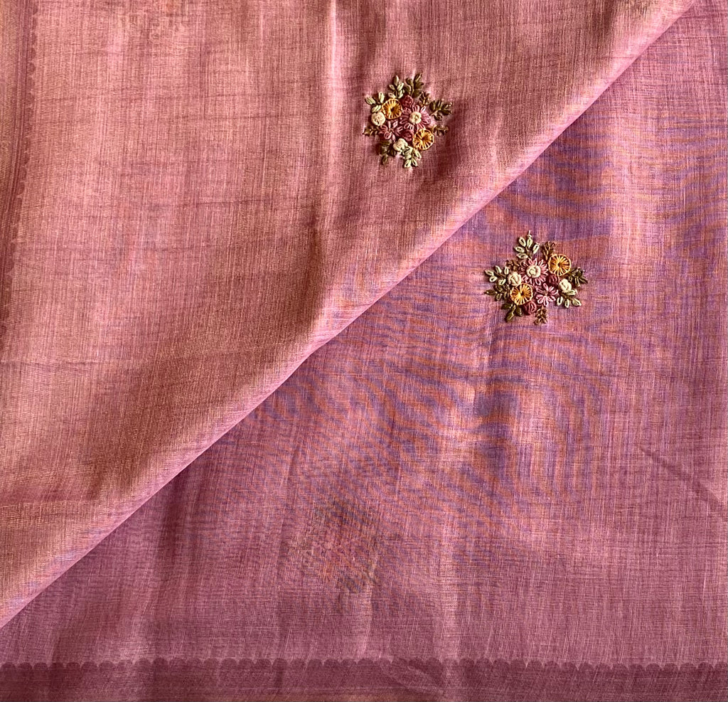 Elegant Dusty Rose Floral french knot Embroidered Saree With antiqueGold Tassel Border