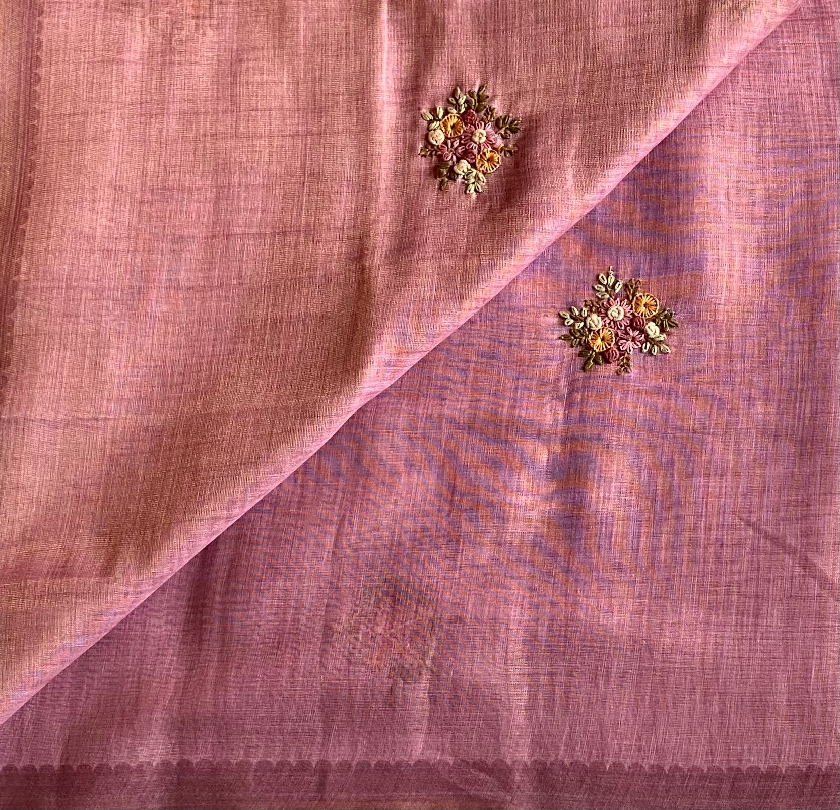 Elegant Dusty Rose Floral french knot Embroidered Saree With antiqueGold Tassel Border