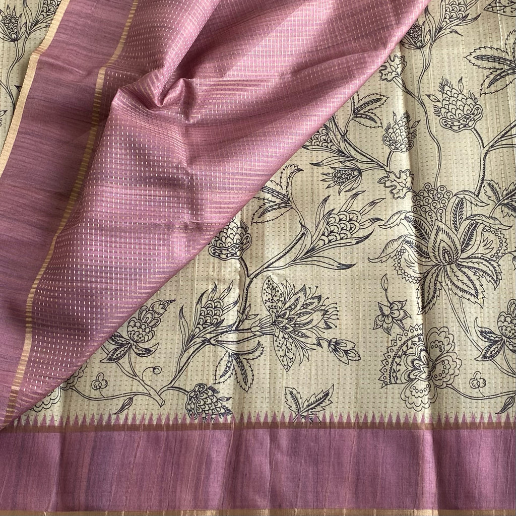 Ecru Beige Soft Tussar Silk Saree With Dreamy Lavender Panel