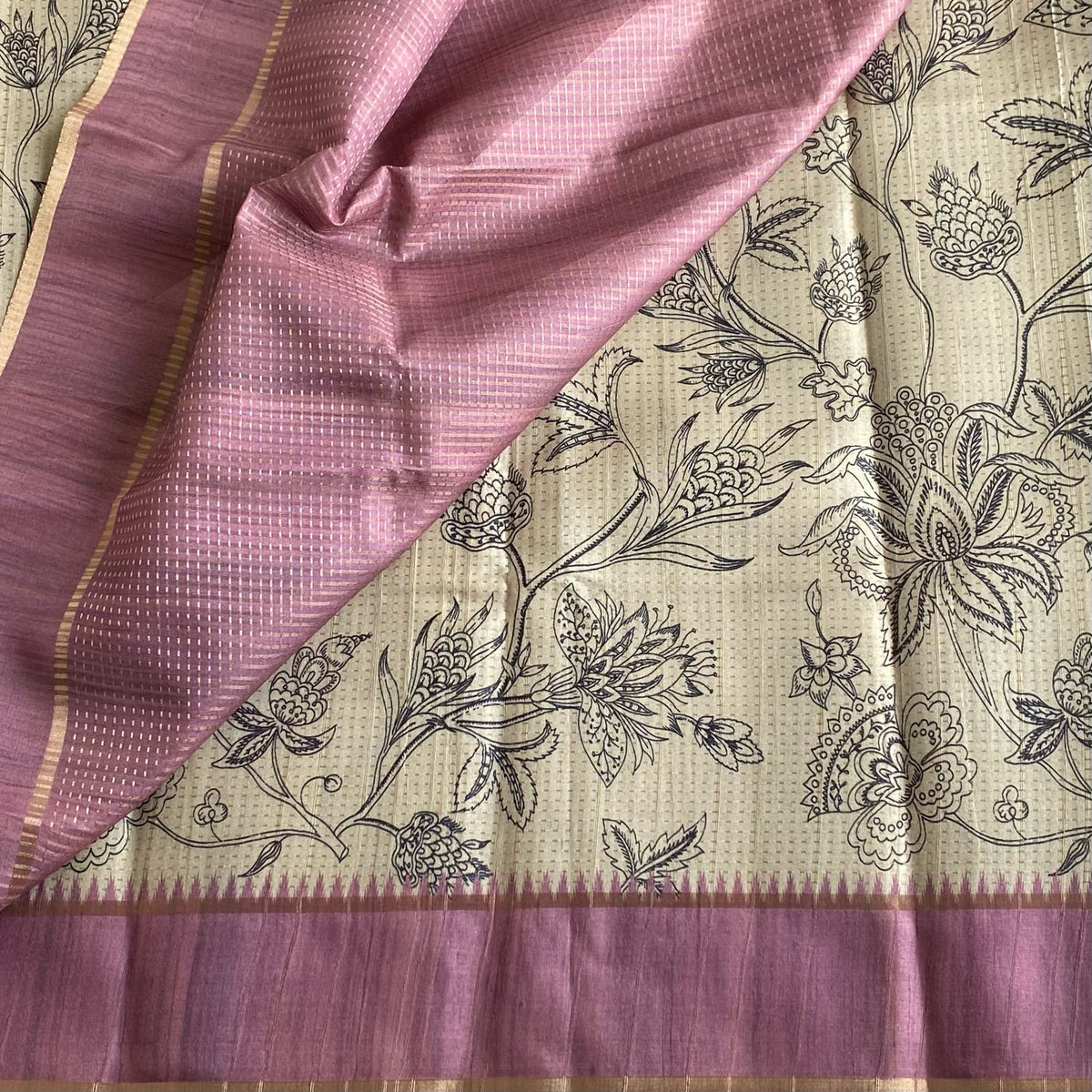 Ecru Beige Soft Tussar Silk Saree With Dreamy Lavender Panel