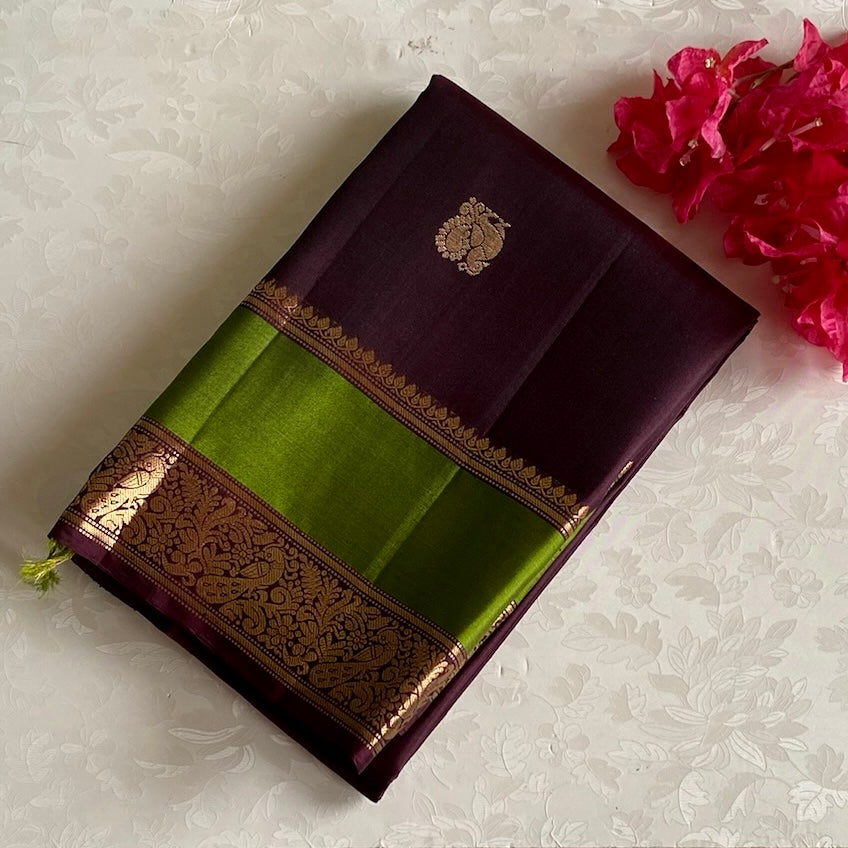 Plum mix Brown Designer Pure Silk Saree With Olive Green Pallu
