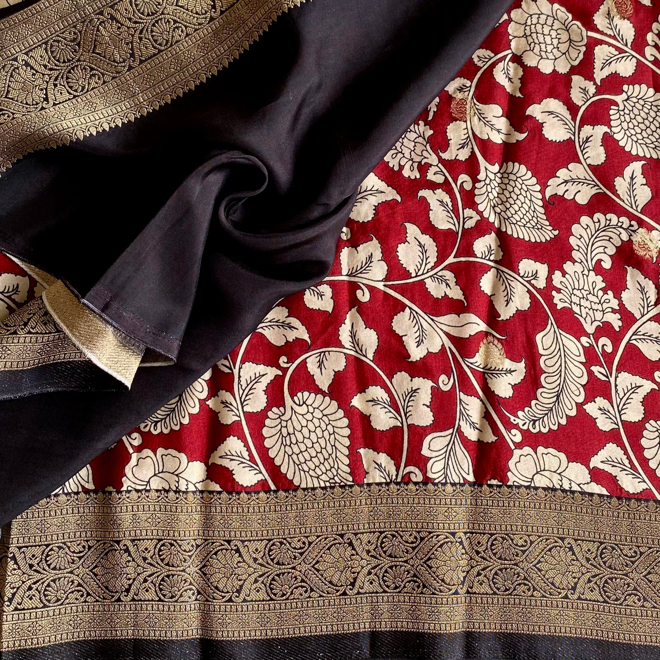Classy Maroon With Wine Black Kalamkari Soft Tussar Silk
