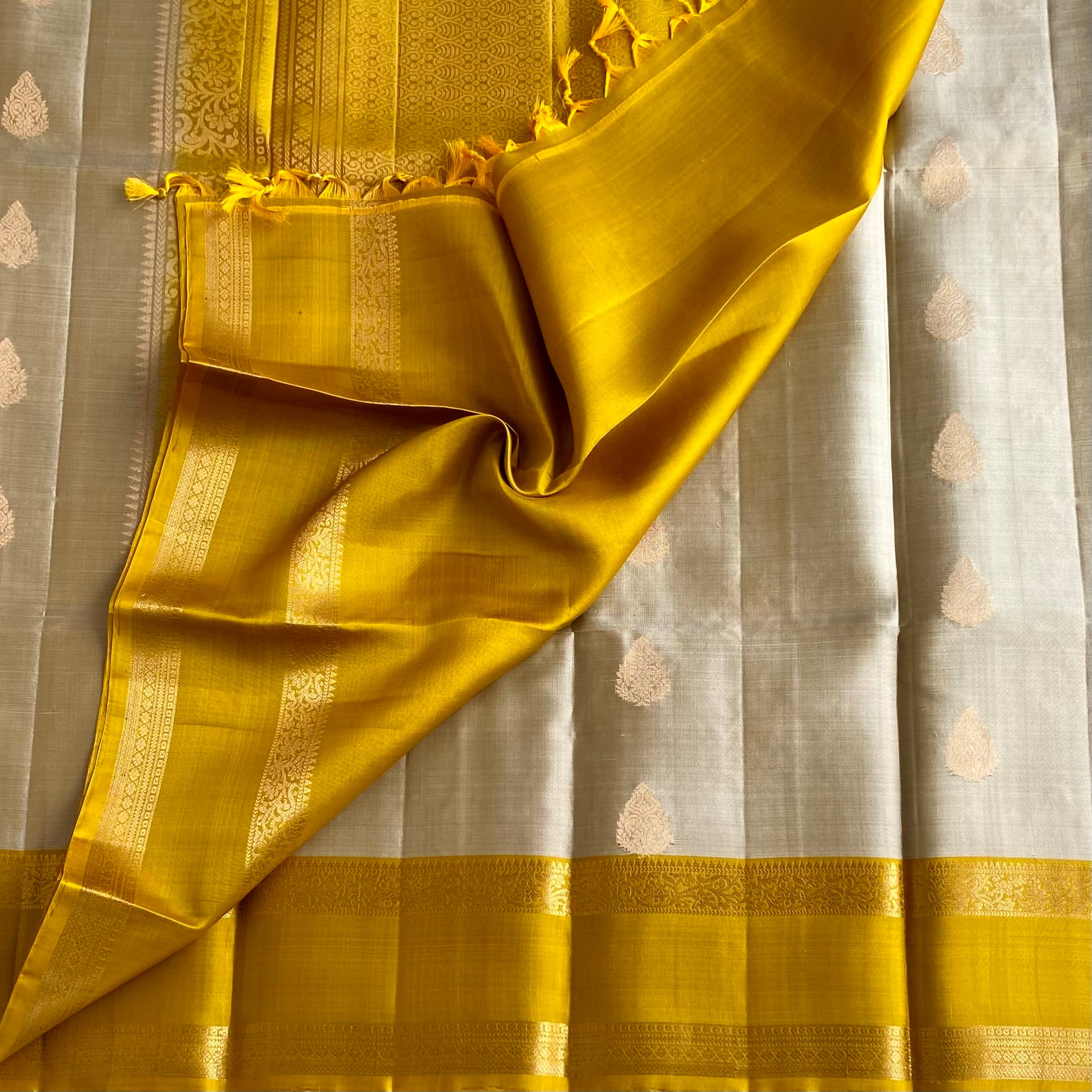 Silver Beige Designer Pure Silk Saree With Mustard Yellow Pallu