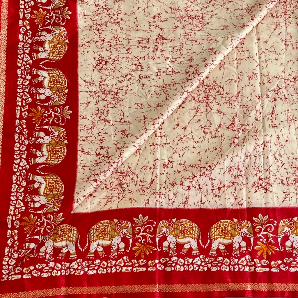 Ivory Beige Elephant Borders with Deep Crimson Printed Soft Cotton