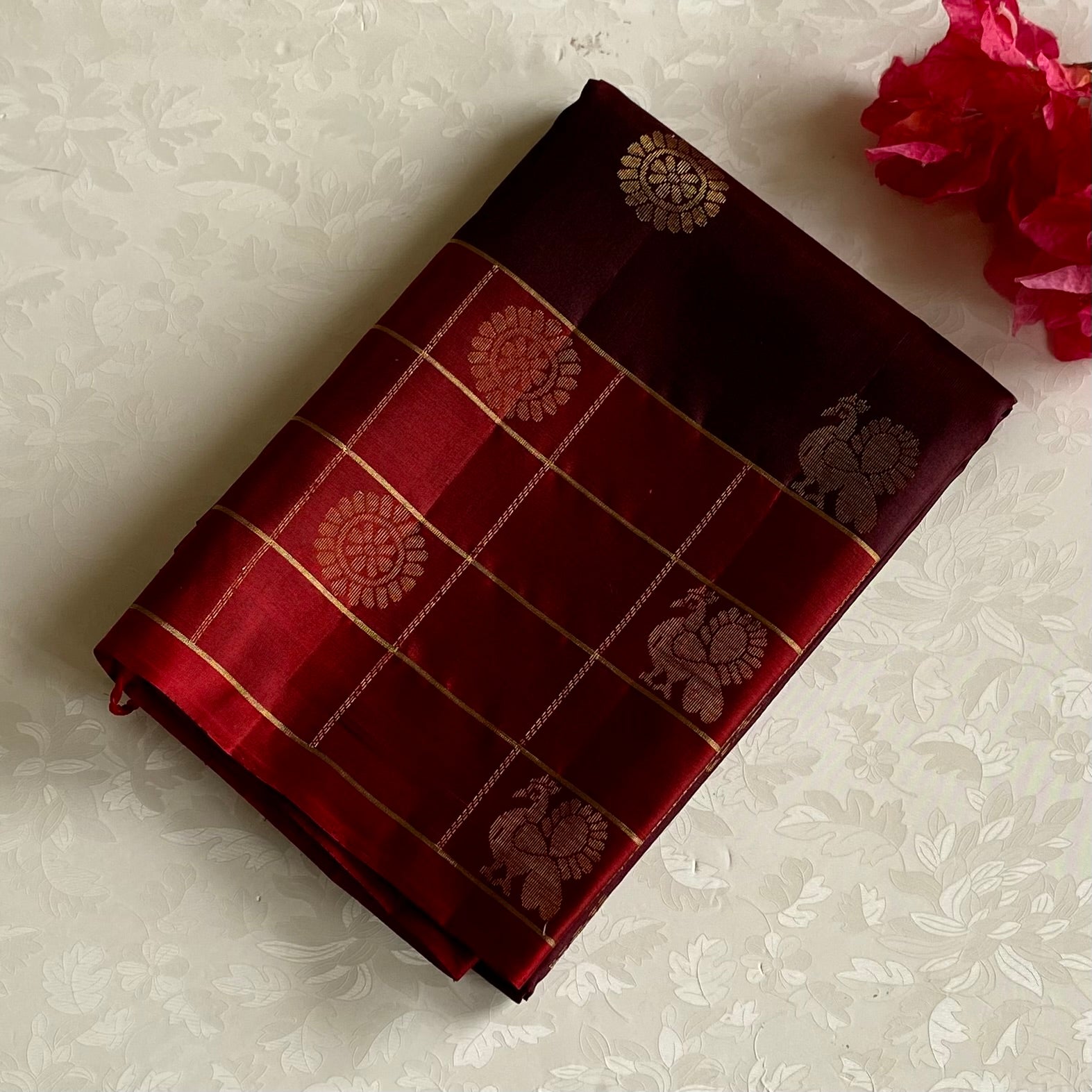 Deep Coffee Designer Pure Silk Saree With Scarlet Maroon Pallu