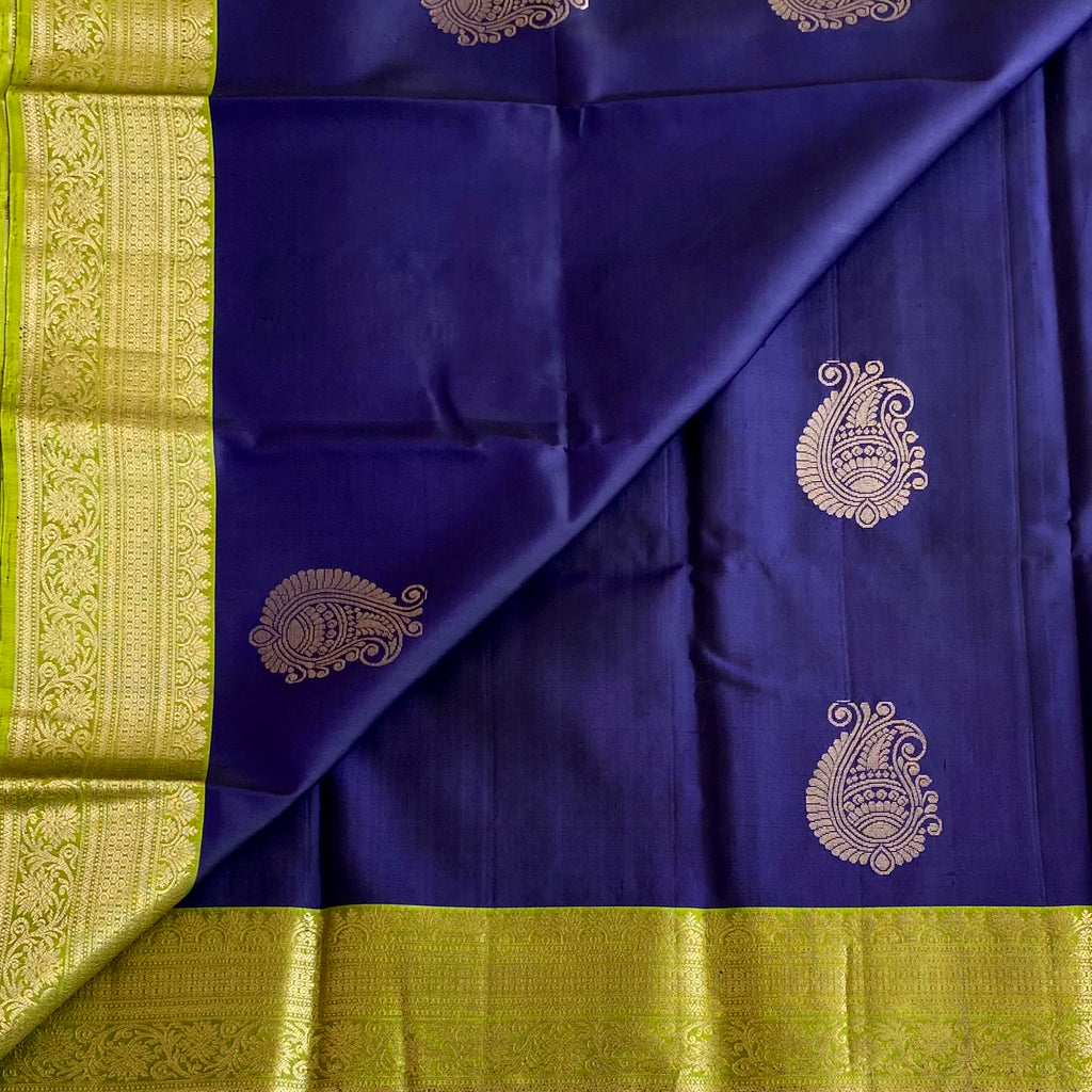 Navy Blue Designer Pure Silk Saree With Lime Green Pallu