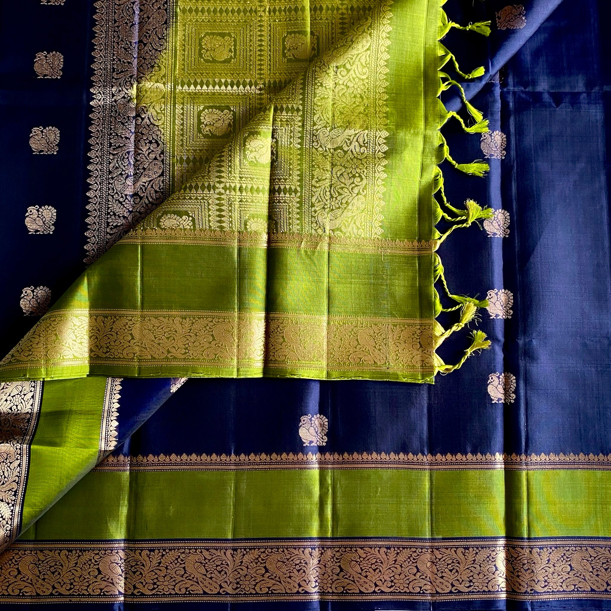 Midnight Navy Blue Designer Pure Silk Saree With Olive Green Pallu