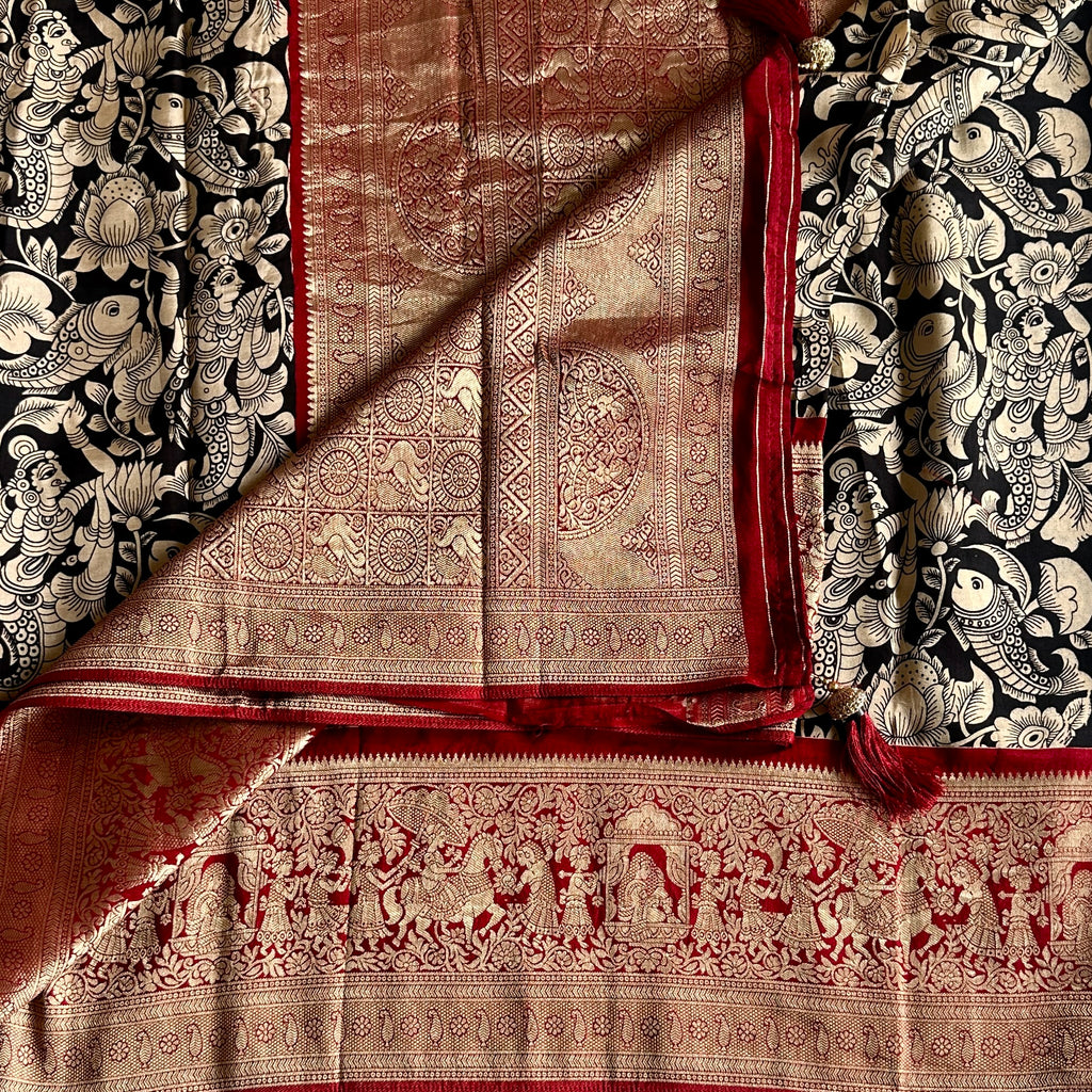 Jet Black Kalamkari Soft Tussar Silk Saree With Rich Maroon Pallu And Zari