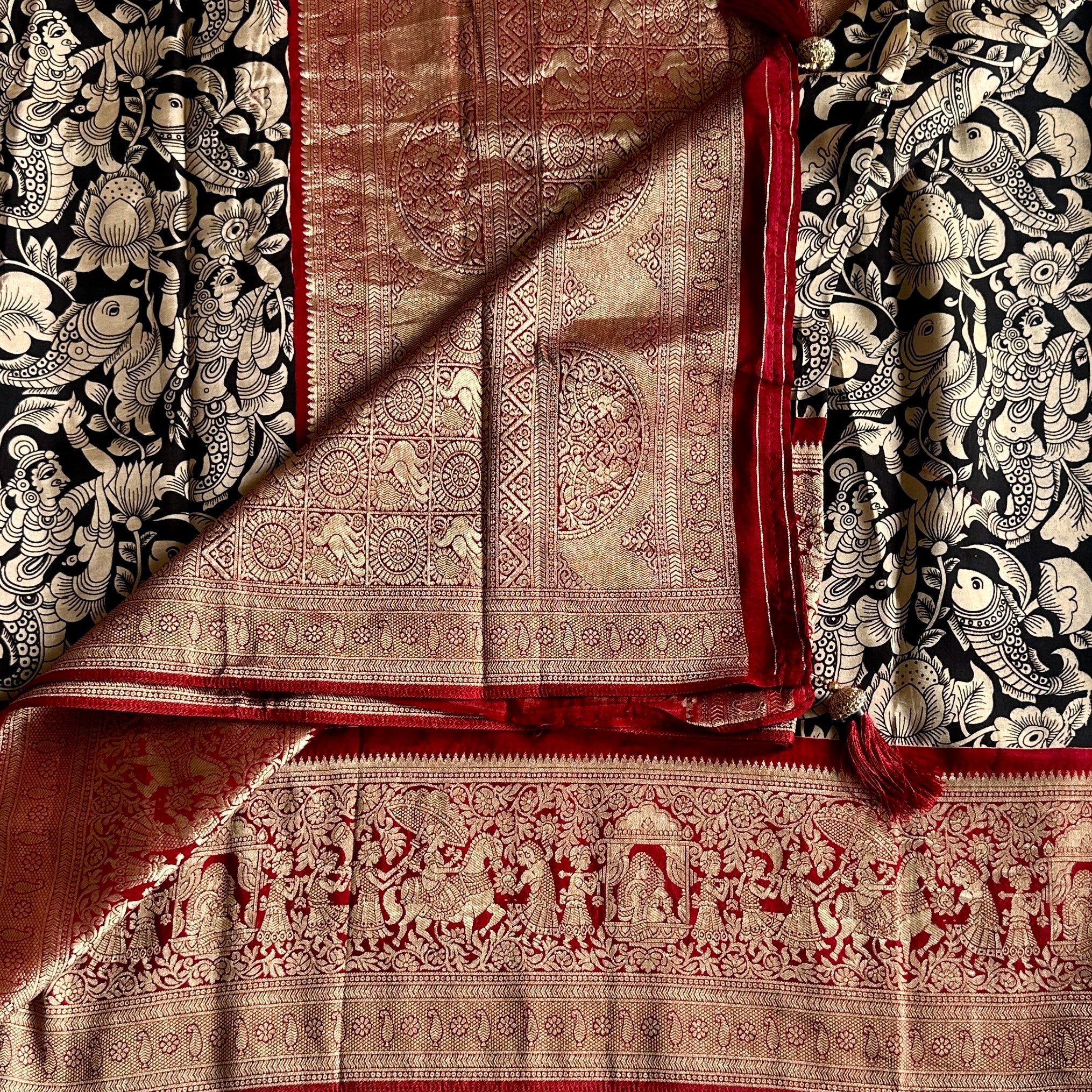 Jet Black Kalamkari Soft Tussar Silk Saree With Rich Maroon Pallu And Zari