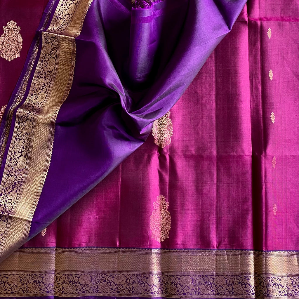 Berry Pink Lustrous Designer Pure Silk With Royal Purple Contrast