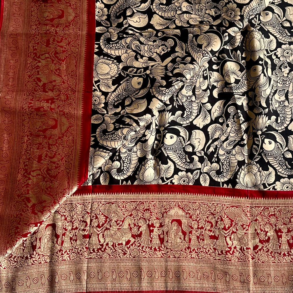 Jet Black Kalamkari Soft Tussar Silk Saree With Rich Maroon Pallu And Zari
