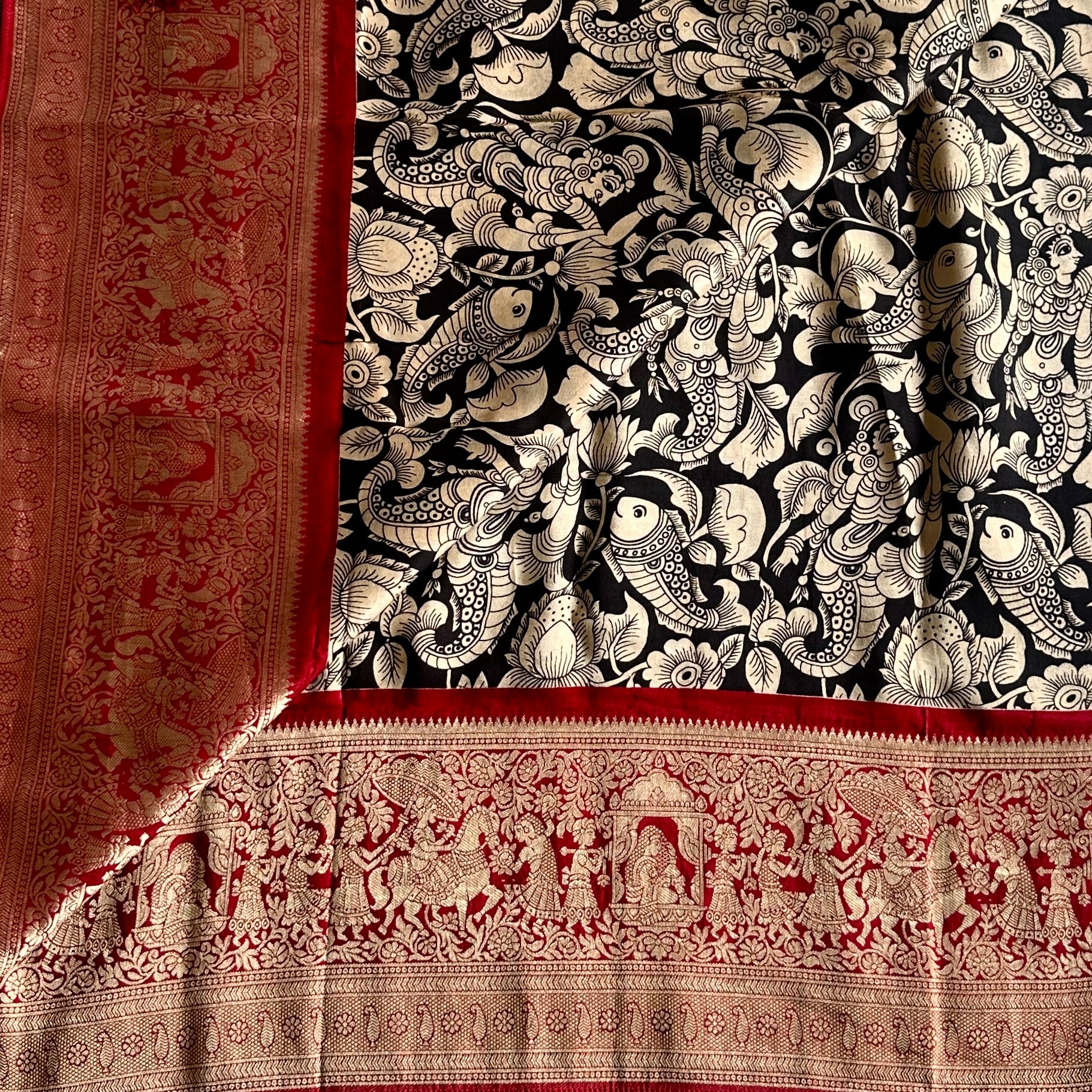 Jet Black Kalamkari Soft Tussar Silk Saree With Rich Maroon Pallu And Zari