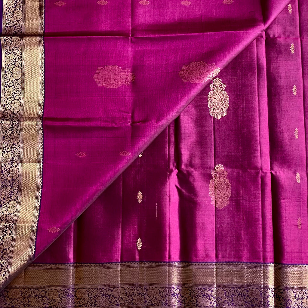 Berry Pink Lustrous Designer Pure Silk With Royal Purple Contrast