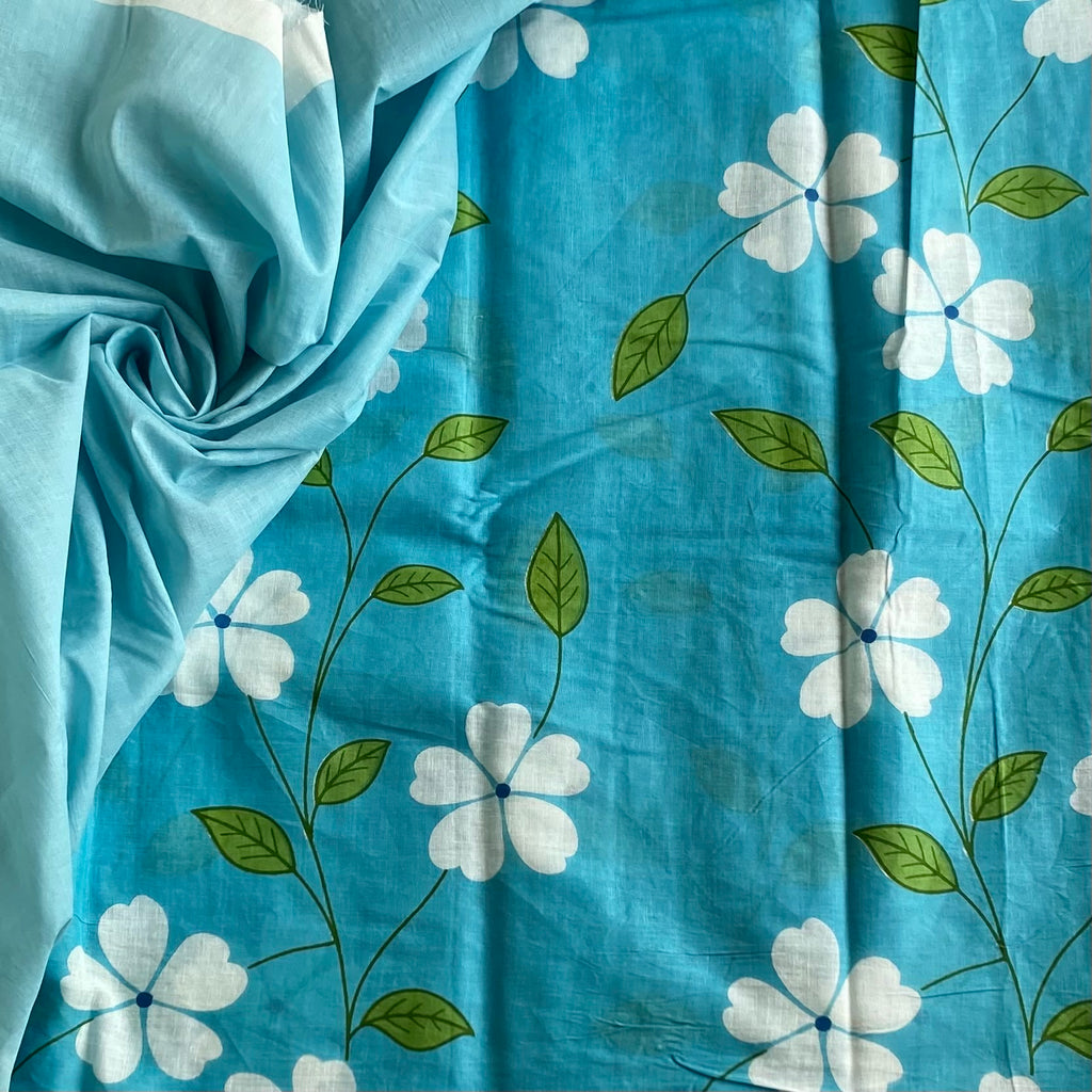 Turquoise Floral Dream Handblock Printed Soft Cotton Saree