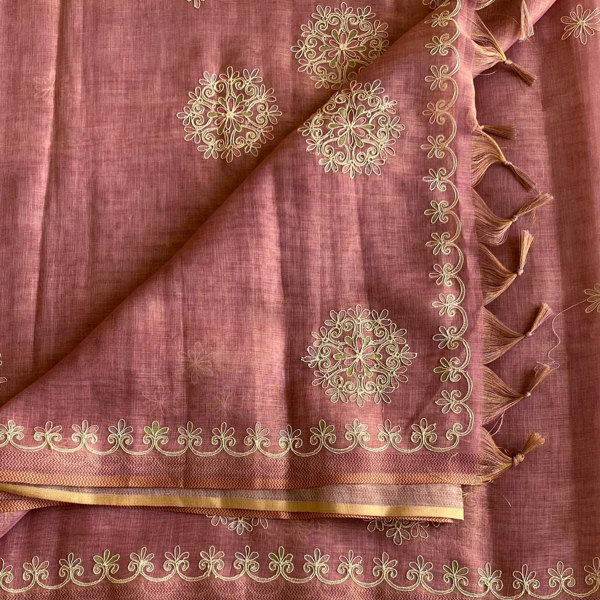 Dusty Rose Soft Tissue Linen Silk Saree With Antique Gold Embroidery