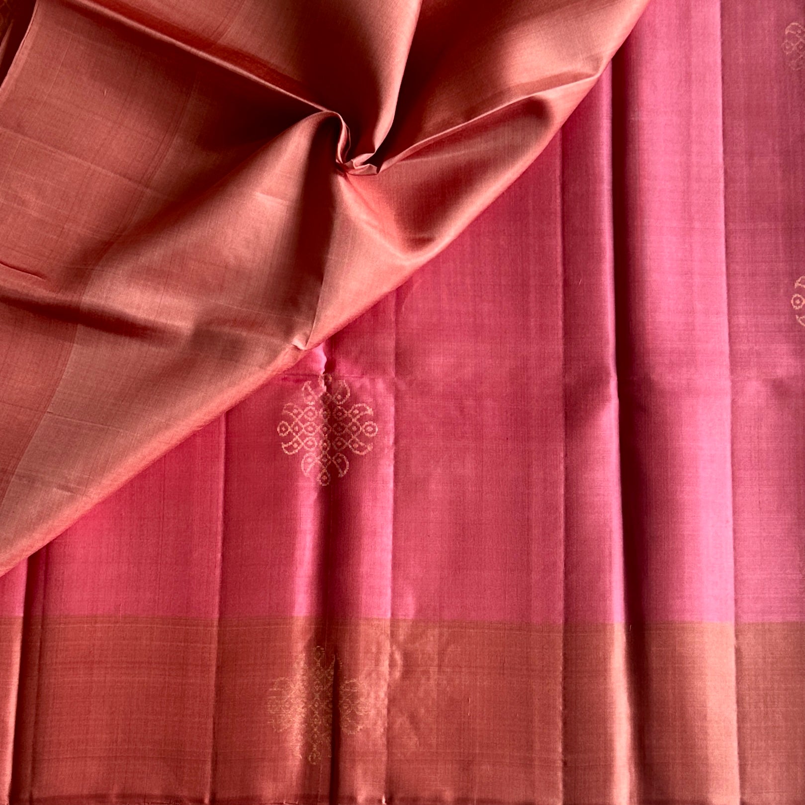 Rose Pink Designer Pure Silk With Metallic Peach Pallu