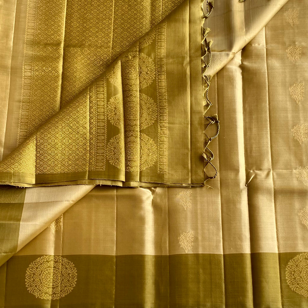 Metallic Beige/Gold Designer Pure Silk Saree With Olive Green Contrast
