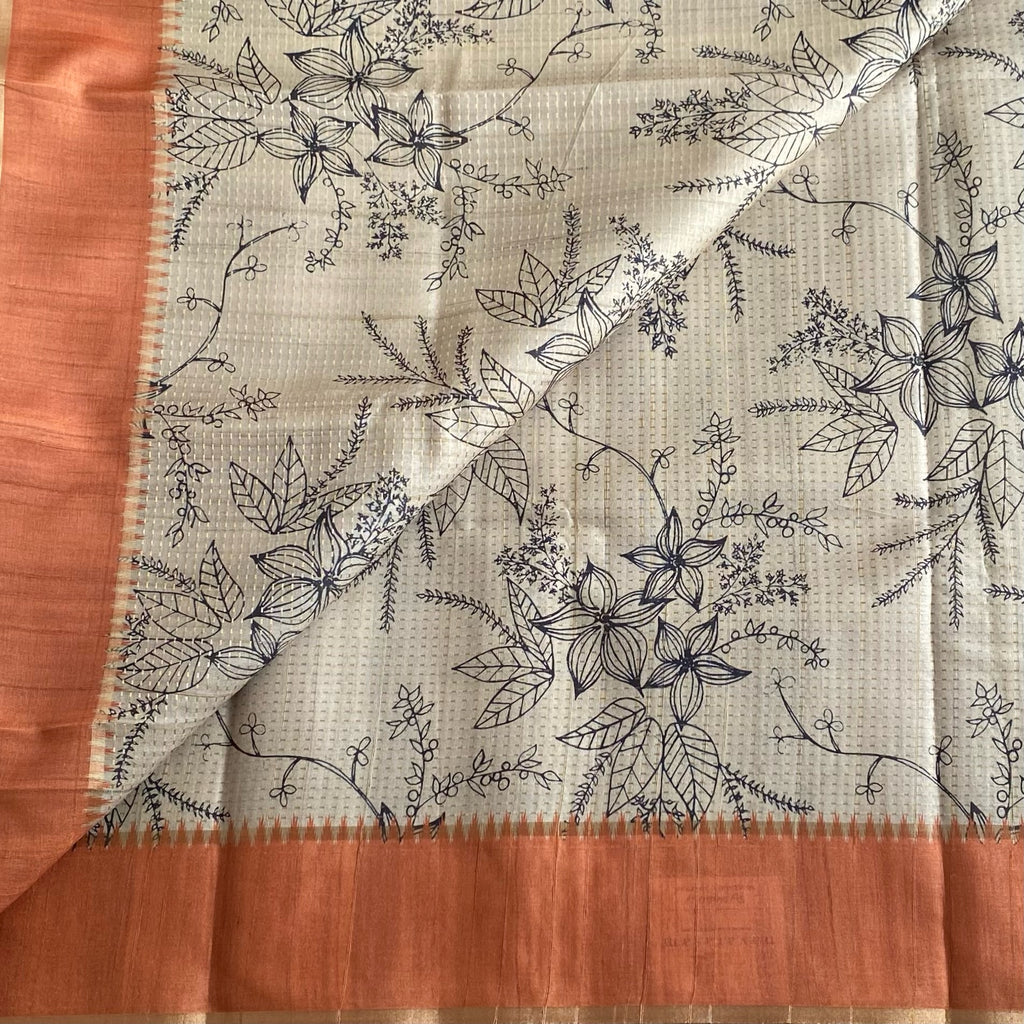 Ecru Beige Soft Tussar Silk Saree With Rusty Coral Panel
