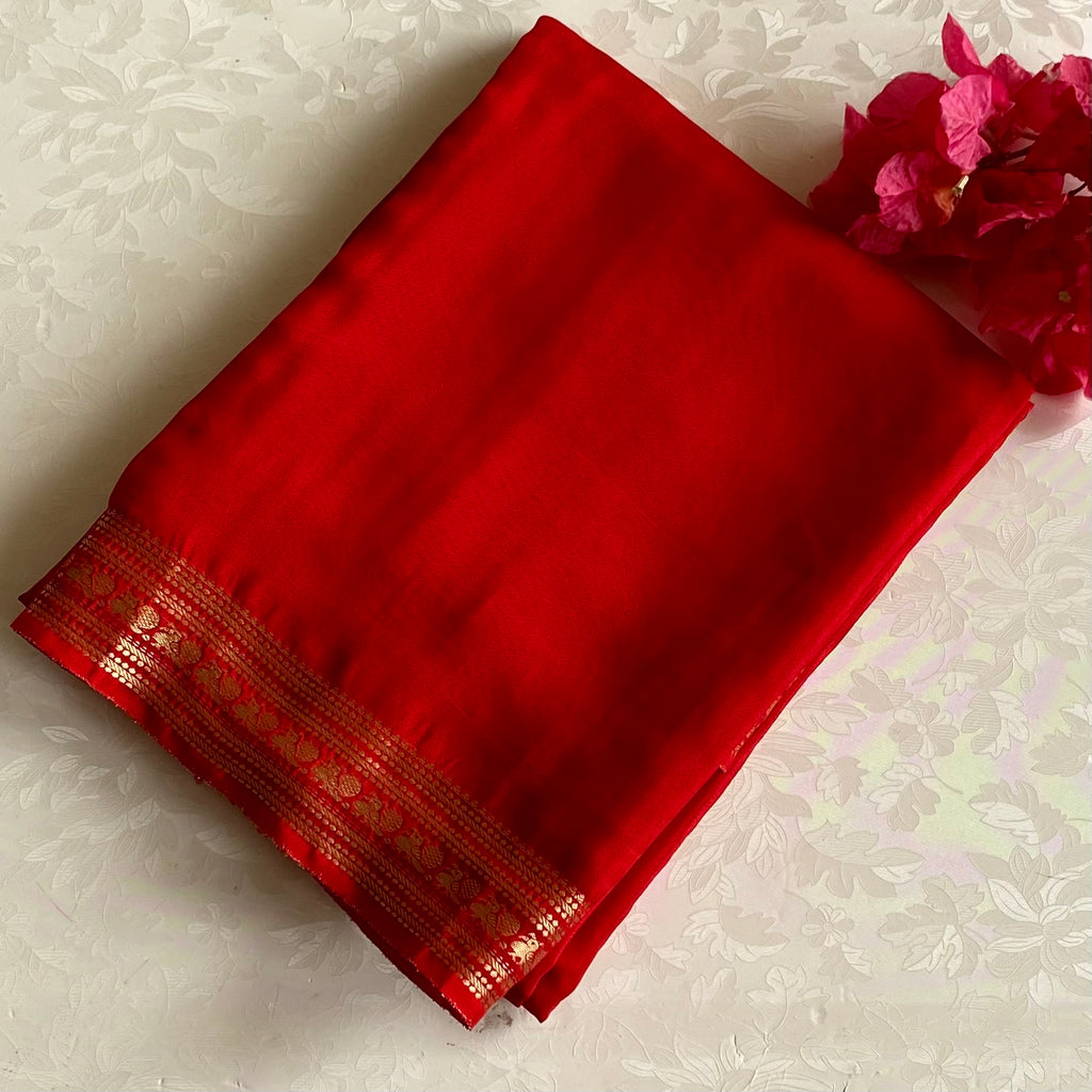Scarlet Red Soft Crepe Silk Saree With Antique Gold Pallu And Border