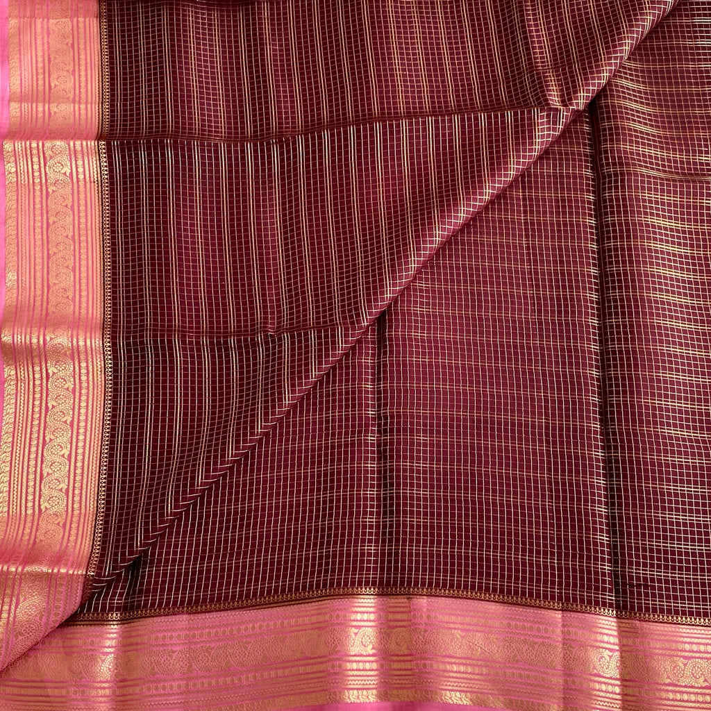Deep Maroon Soft Crepe Silk Saree Rani Pink Pallu Gold Checks