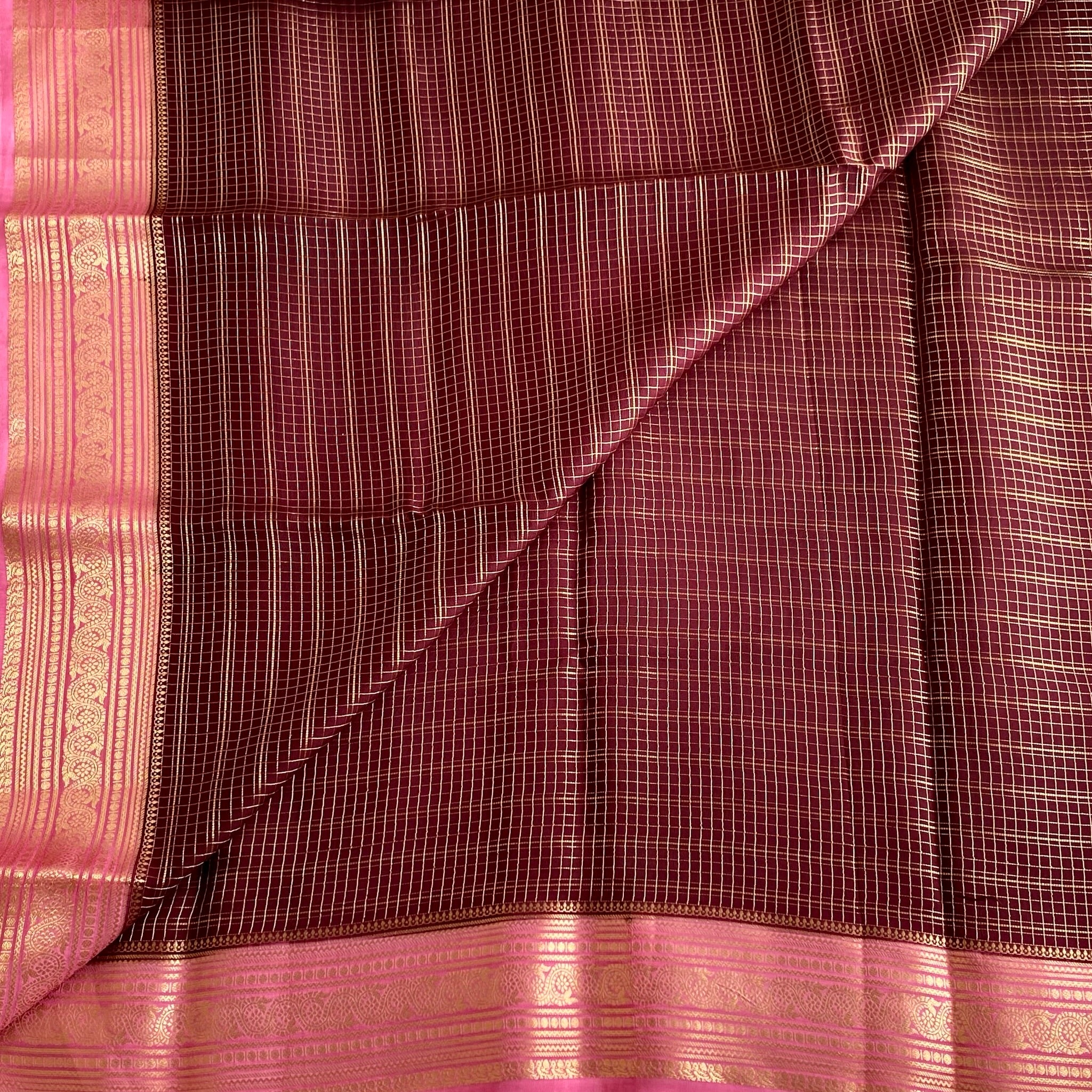 Deep Maroon Soft Crepe Silk Saree Rani Pink Pallu Gold Checks