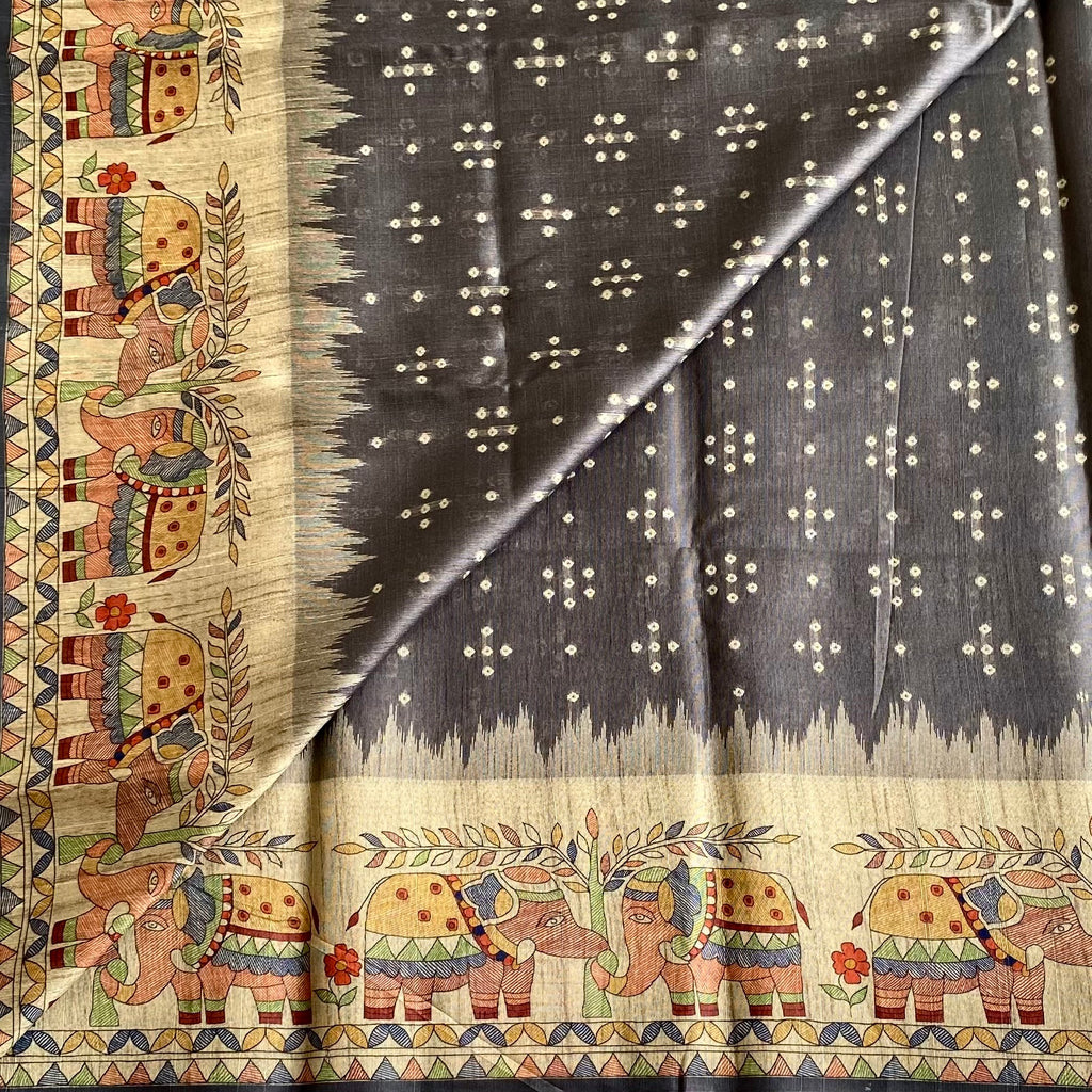Cloud Grey Soft Tusaar Silk with Printed Designer Warli Borders & Pallu