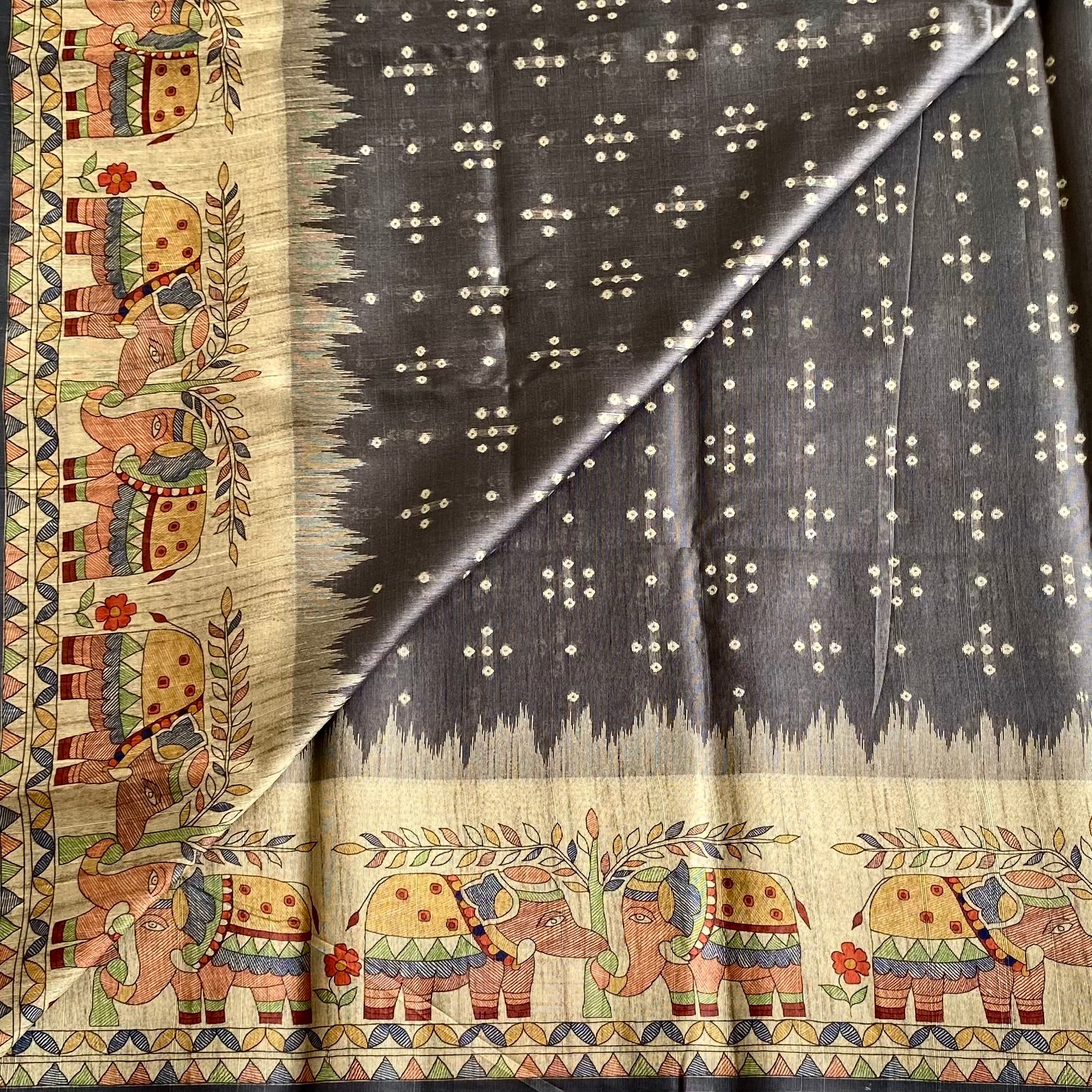 Cloud Grey Soft Tusaar Silk with Printed Designer Warli Borders & Pallu