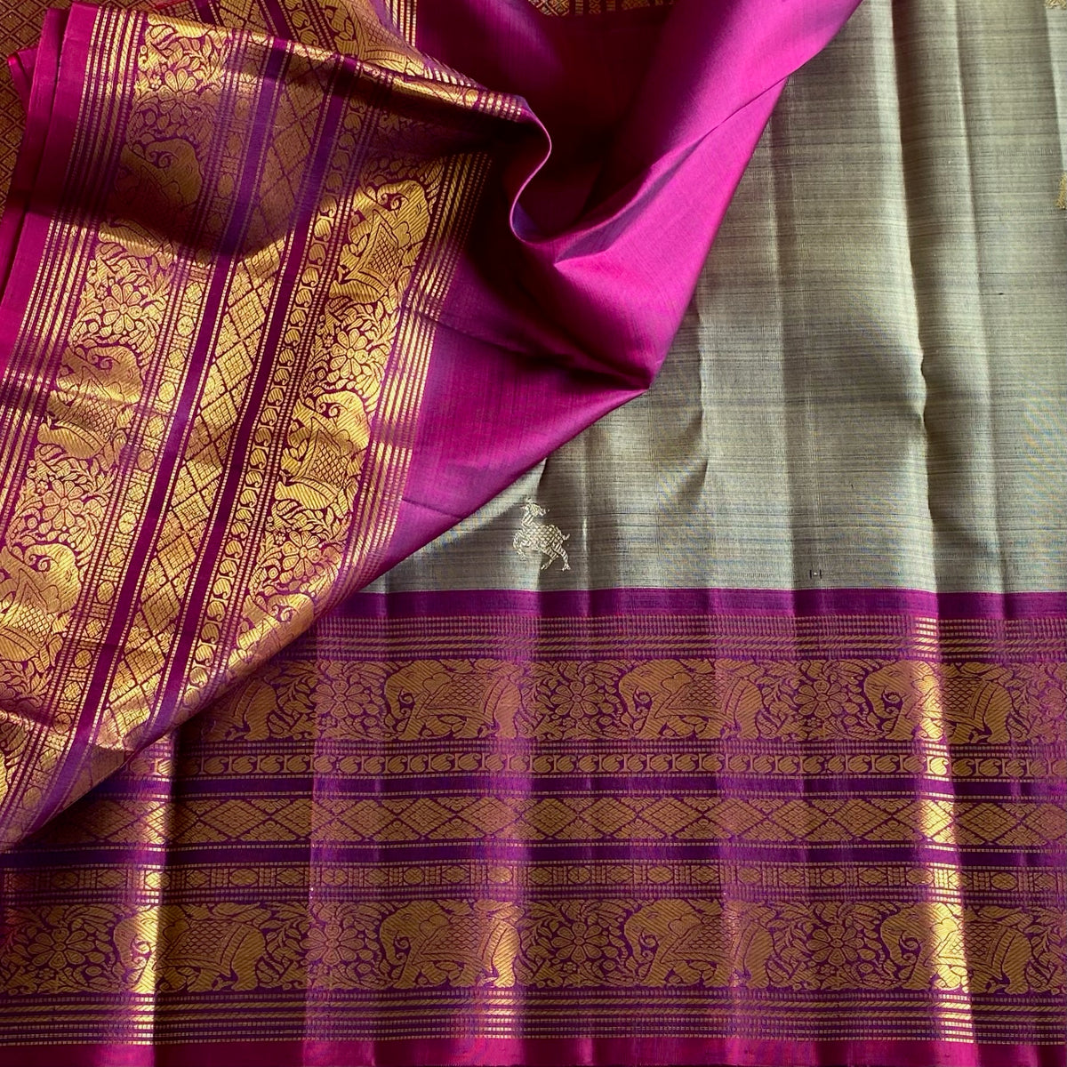 Pearl Greyish Sage Kanjeevaram Pure Zari Silk Saree With Violet Magenta Pallu