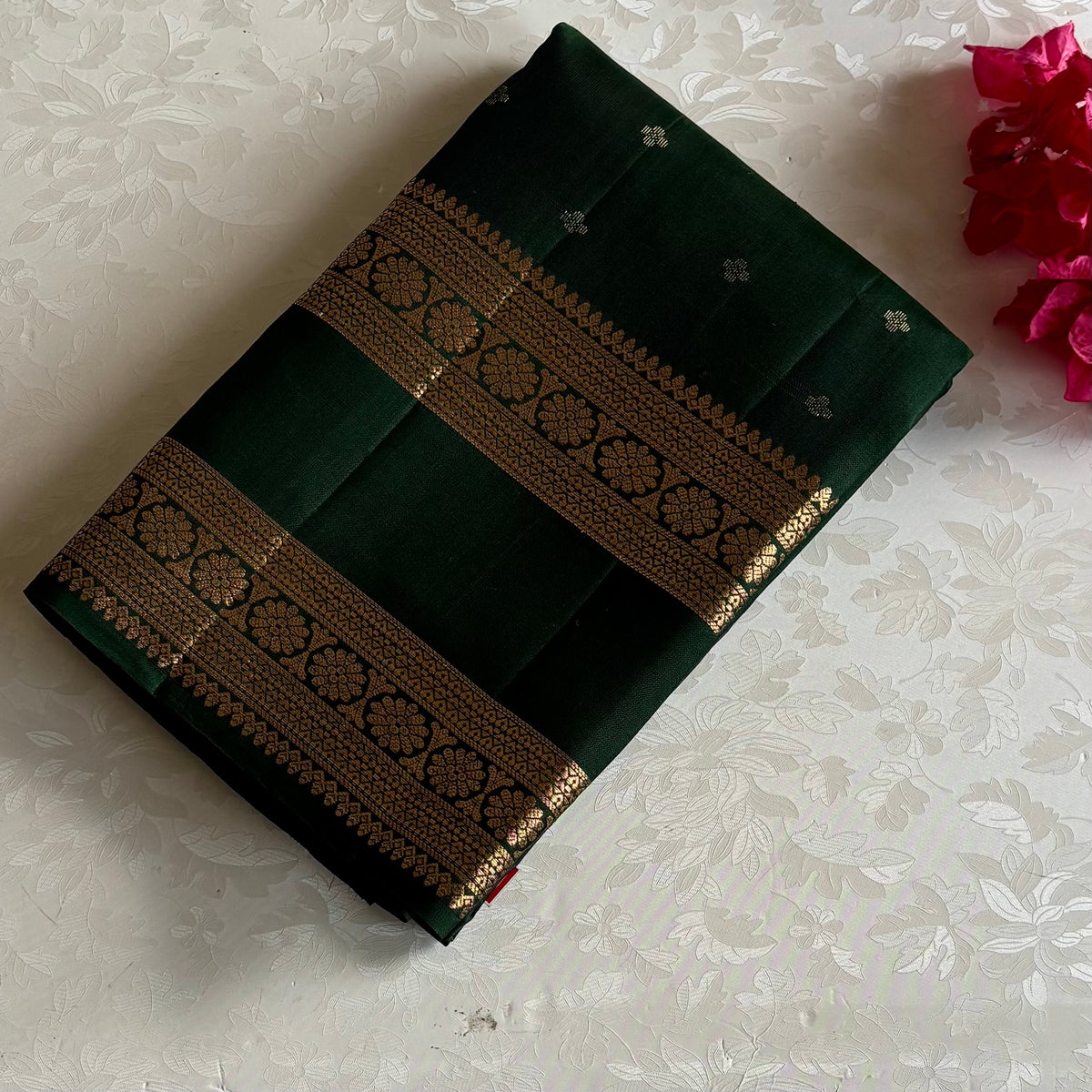 Forest Green Designer Pure Silk Saree With Metallic Gold Border