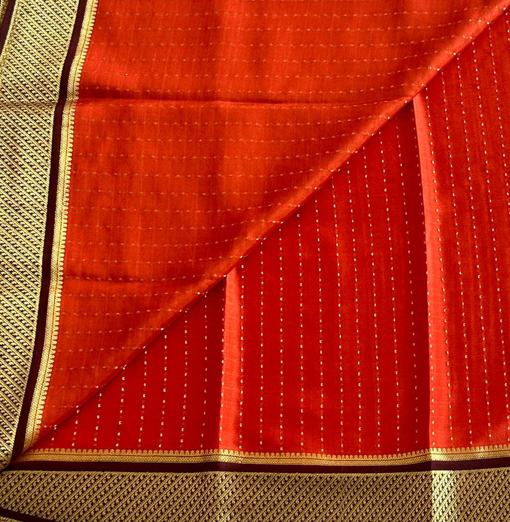 Burnt Orange With Wine Pure Mysore Silk with zari buttas