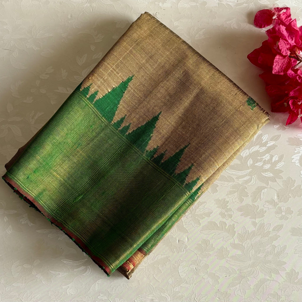Stunner Antique Gold With Lustrous Green Handwoven Pure Raw Silk