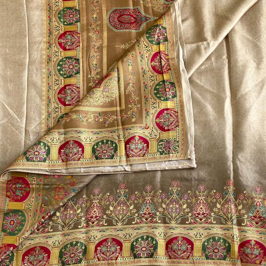 Stunner Grey Beige And Magenta Meenakari Soft Tussar Silk Saree With Paisley Panels