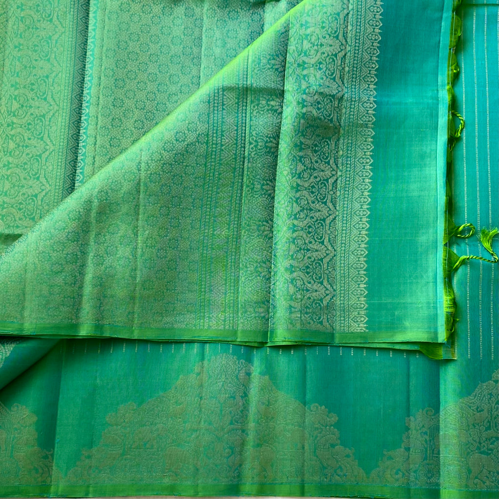 Emerald Teal Silk Saree Pale Gold Zari Elephant Border Tassels