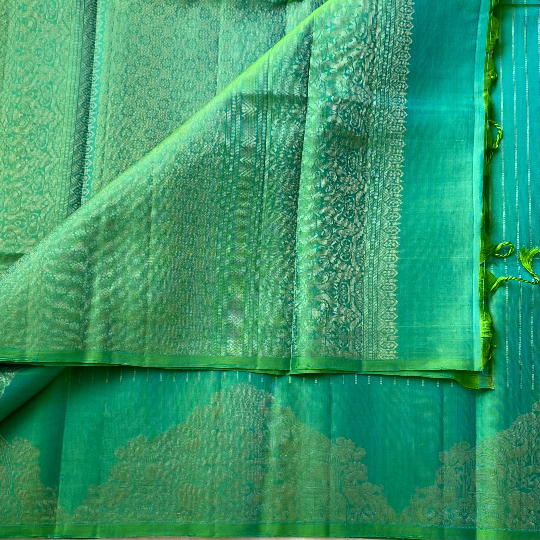 Emerald Teal Silk Saree Pale Gold Zari Elephant Border Tassels