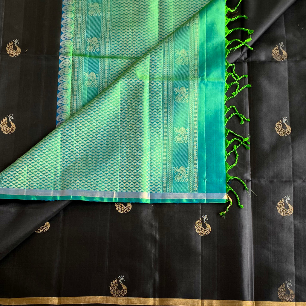 Jet Black Designer Pure Silk Saree With Sea Green Pallu