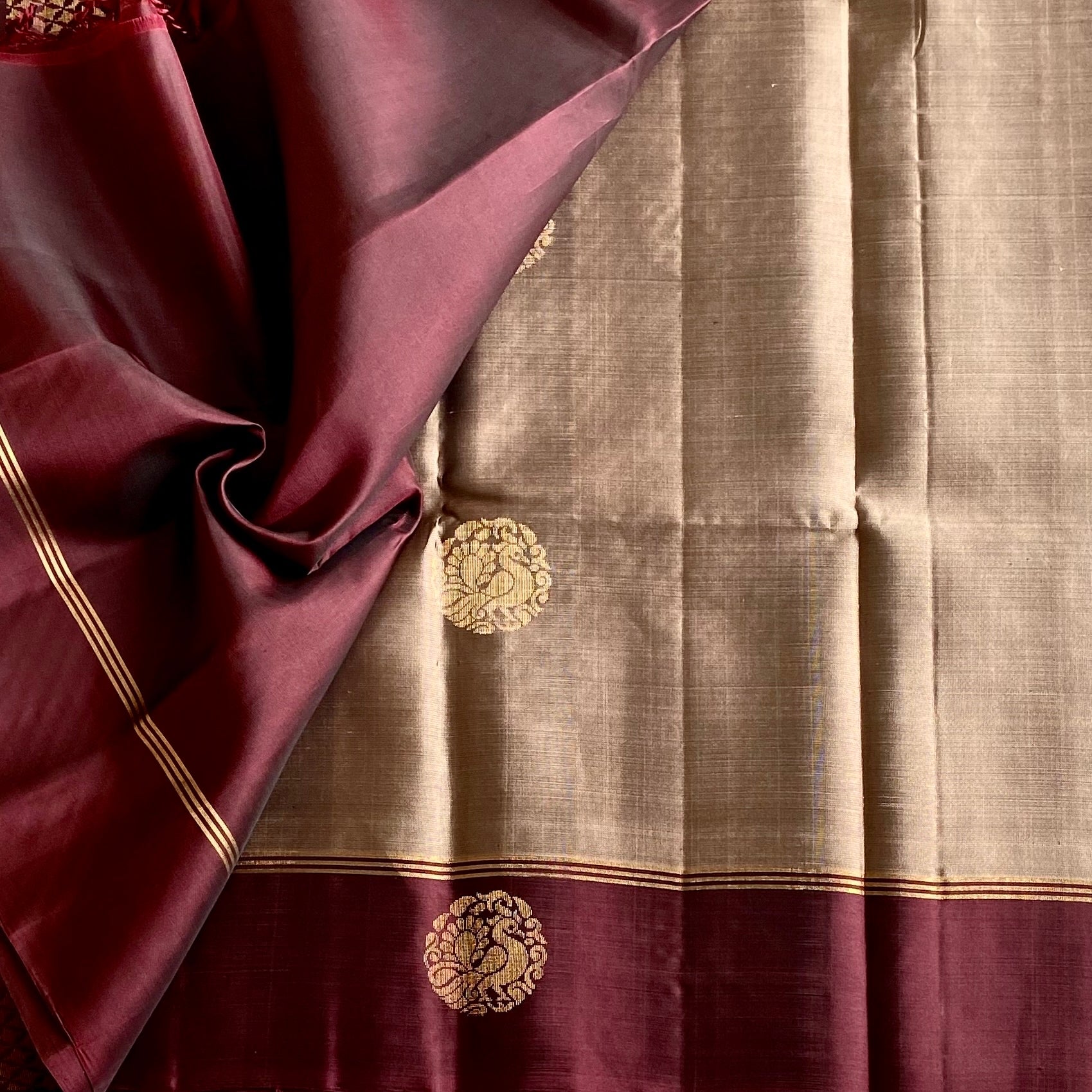 Antique Gold Designer Pure Silk Saree With Deep Wine Maroon Pallu