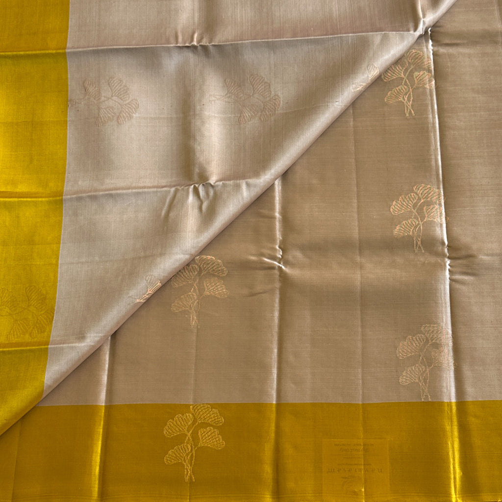 Metallic Greyish Beige with Mango Yellow Designer Pure Silk with Floral Zari Weave