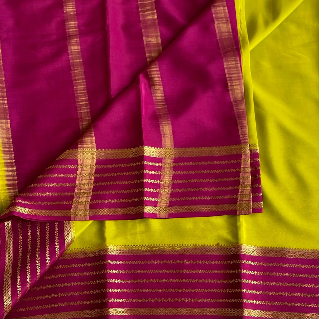 Lime Green Magenta Mysore Crepe Silk Saree With Gold Zari Border